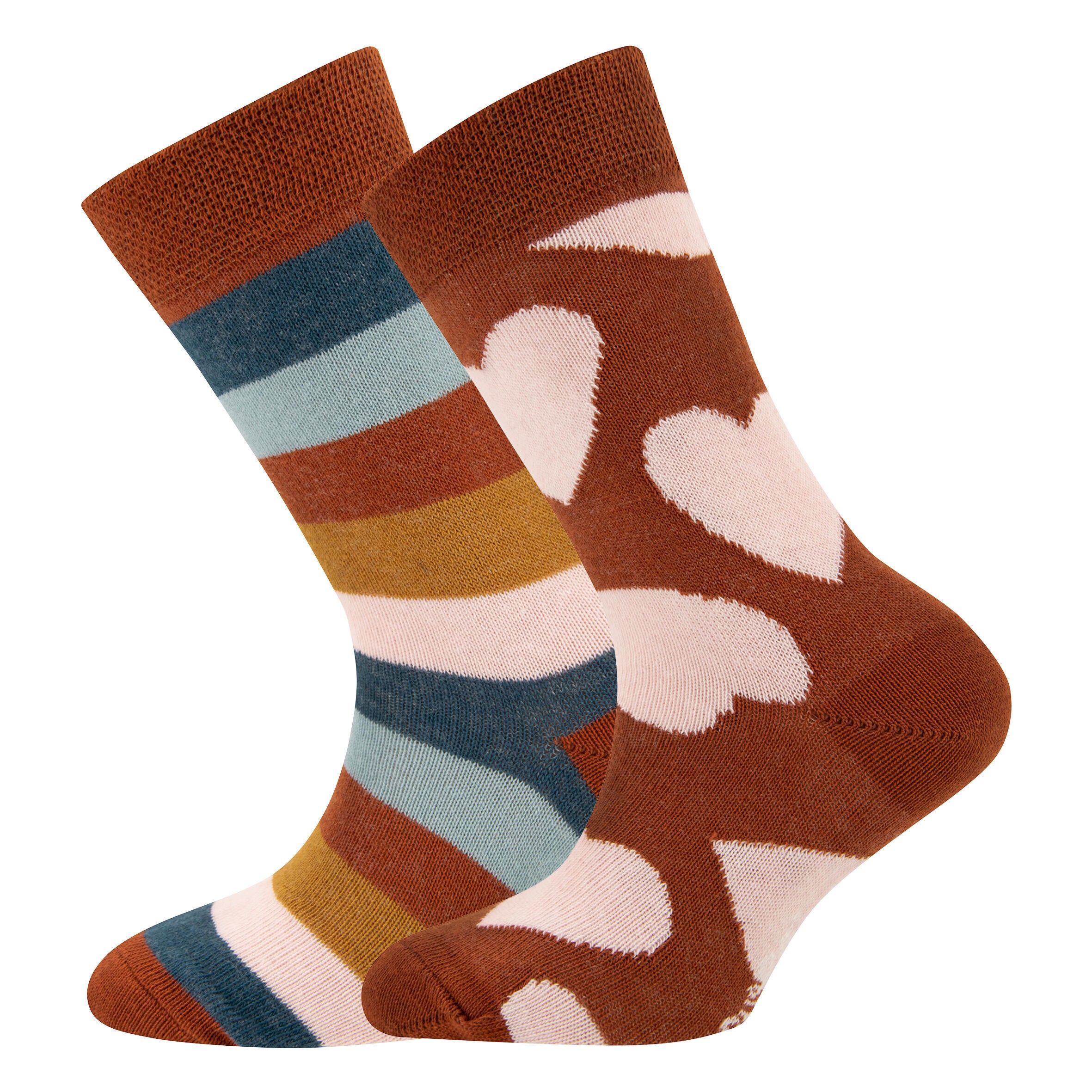 Lange Socken mit Streifen und Herzmuster - 2 - Braun | Rosa | Blau
