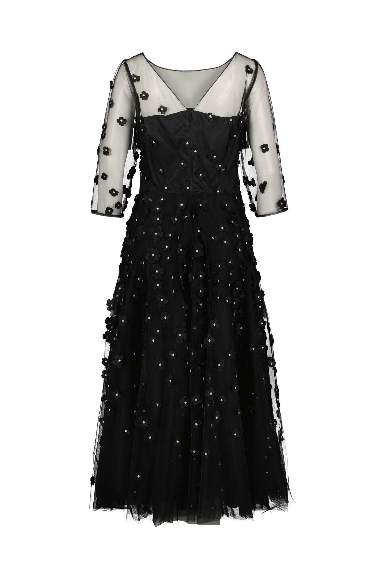 Mesh-Kleid ausgestellt mit Blumen-Stickerei - 800 Schwarz - Schwarz