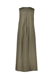 Leinenkleid Maxi mit V-Ausschnitt - Khaki - Khaki