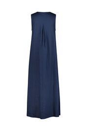 Maxi-Leinenkleid mit V-Ausschnitt - Navy - Blau
