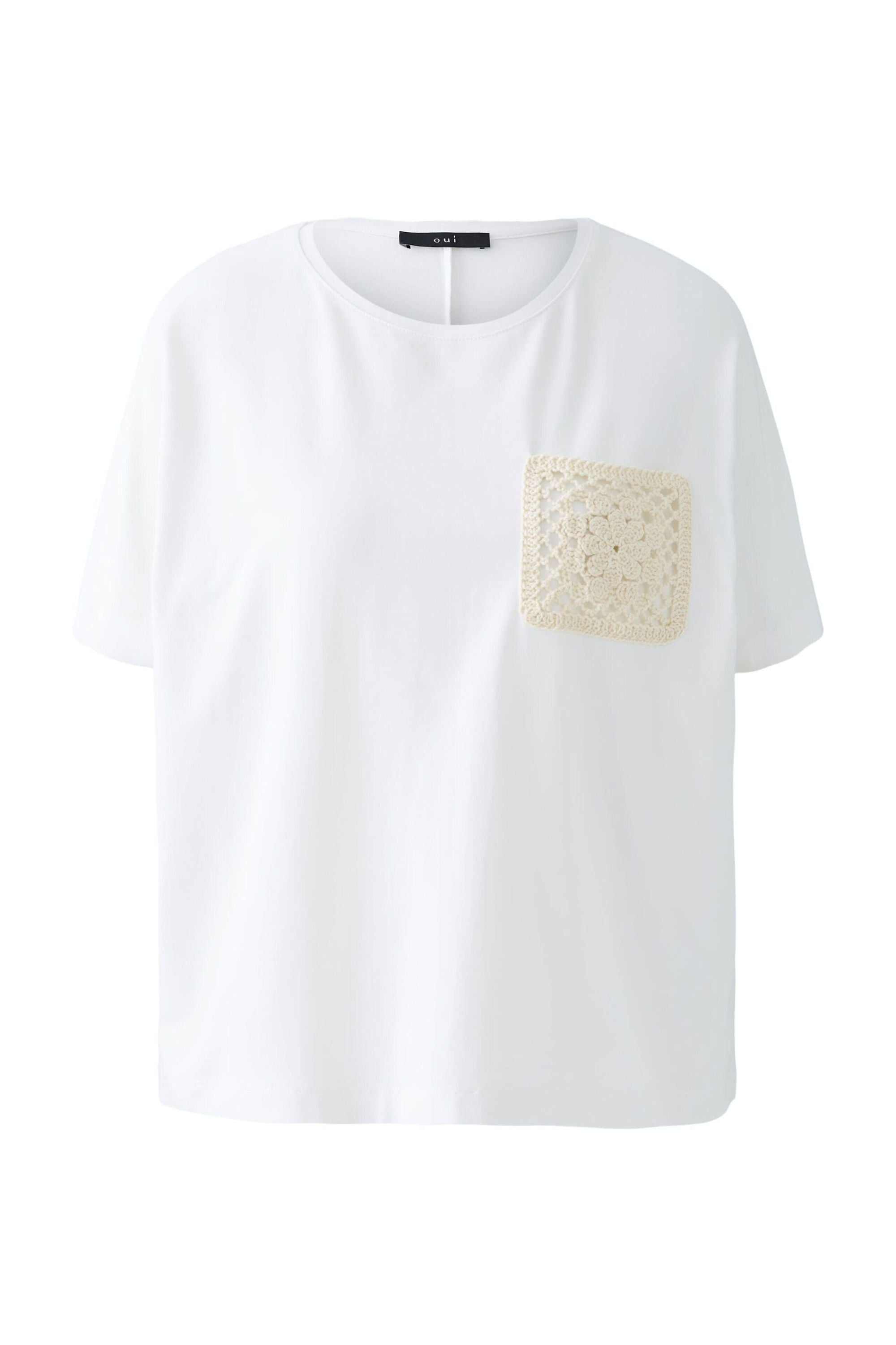 T-Shirt mit gehäkelter Brusttasche - 1002-optic white - Weiß