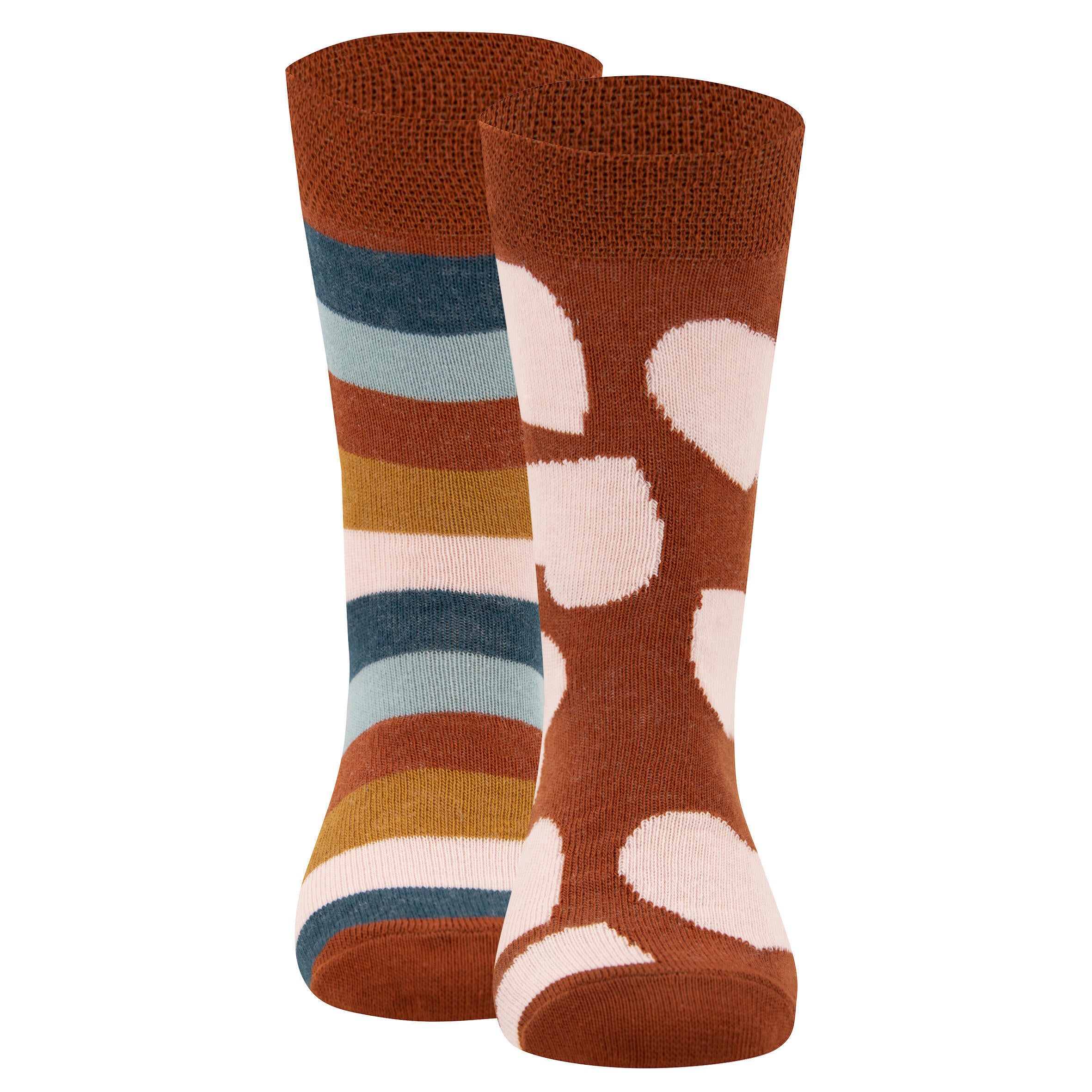 Lange Socken mit Streifen und Herzmuster - 2 - Braun | Rosa | Blau