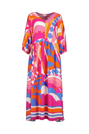 Freizeitkleid mit V-Ausschnitt - 1425-BRIGHT PINK PRINT - Orange | Pink