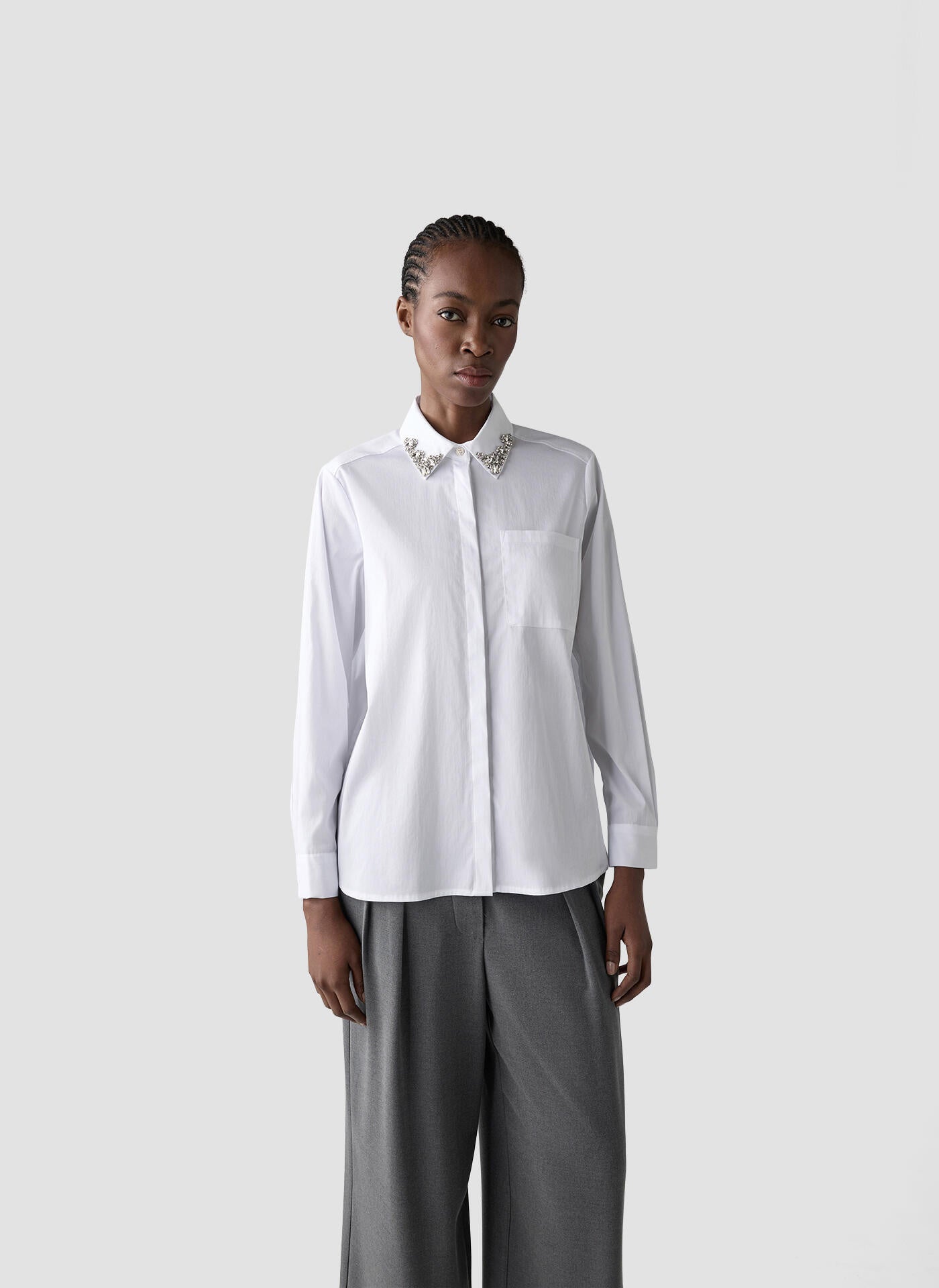 Bluse aus Baumwollmix mit Strass-Details - 5003-Weiss - Weiß