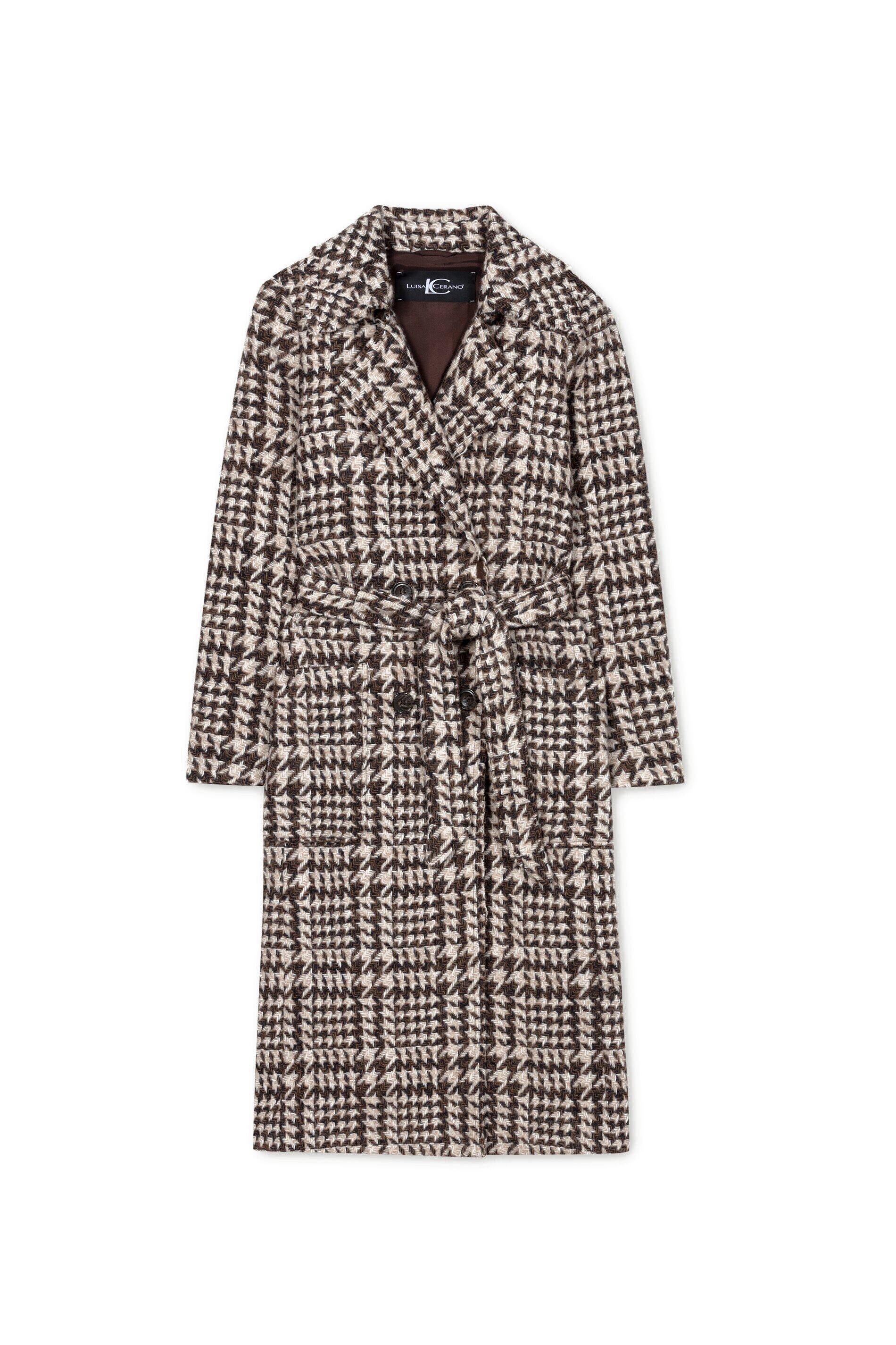 Glencheck-Mantel mit Gürtel - 7801 - Beige