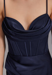 Satinkleid Maxi  mit Drapierung und Beinschlitz - 300 - Blau