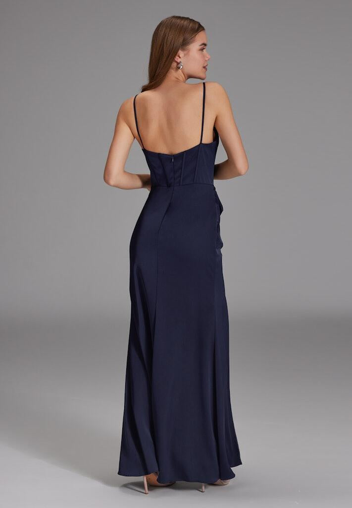 Satinkleid Maxi  mit Drapierung und Beinschlitz - 300 - Blau