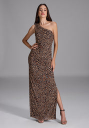 Abendkleid Maxi mit Leoprint - 2910 - Braun