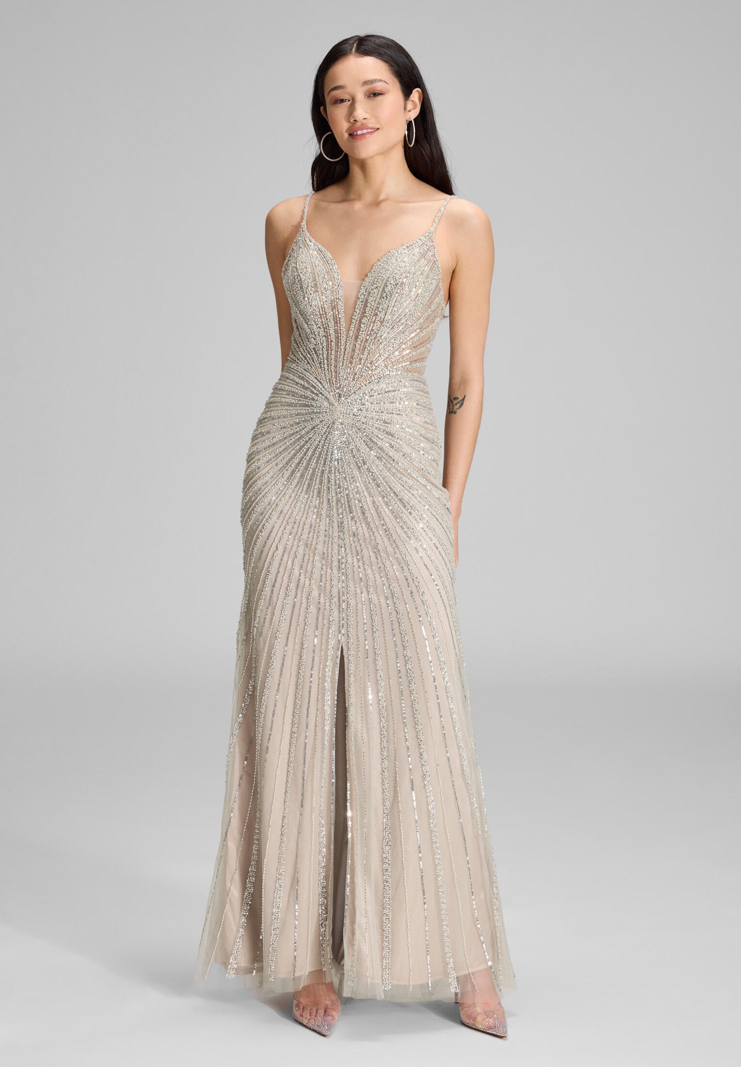 Abendkleid Maxi mit Pailletten - 190 - Grau