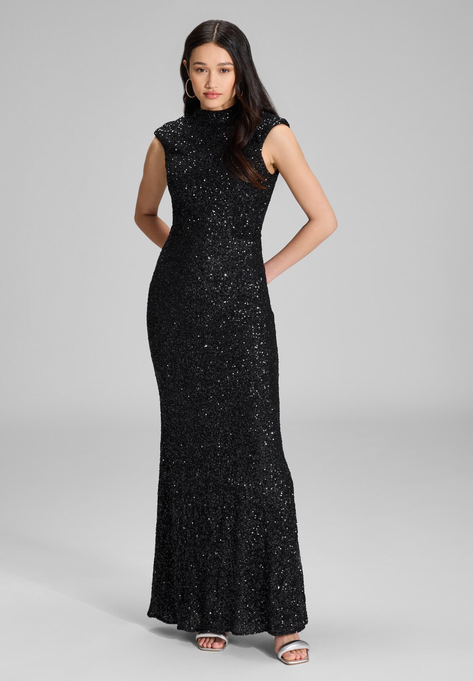 Paillettenkleid Maxi mit Rückenausschnitt - 100 - Schwarz