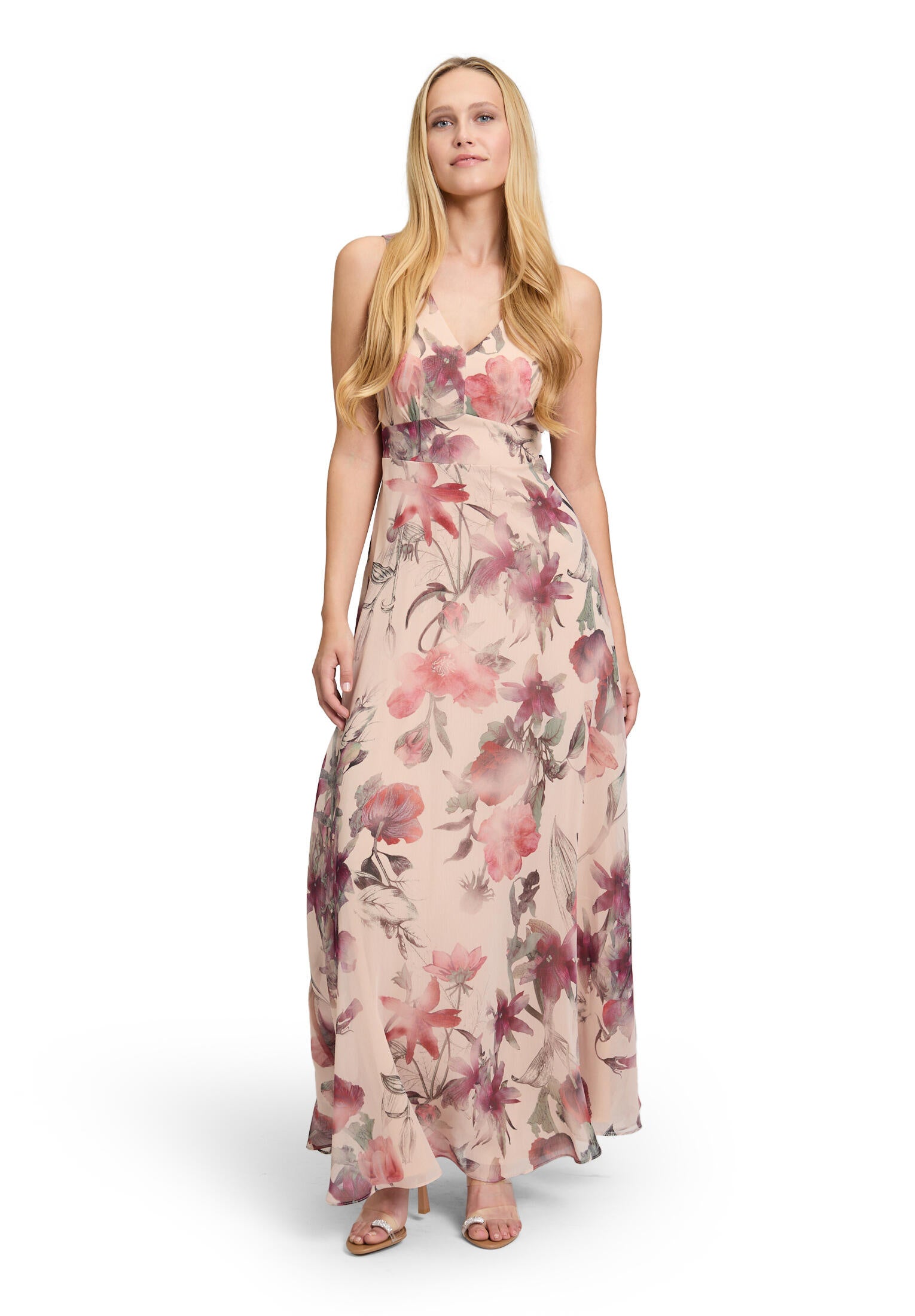 Cocktailkleid Maxi floral - 1847-Cream/Dark Red - Beige