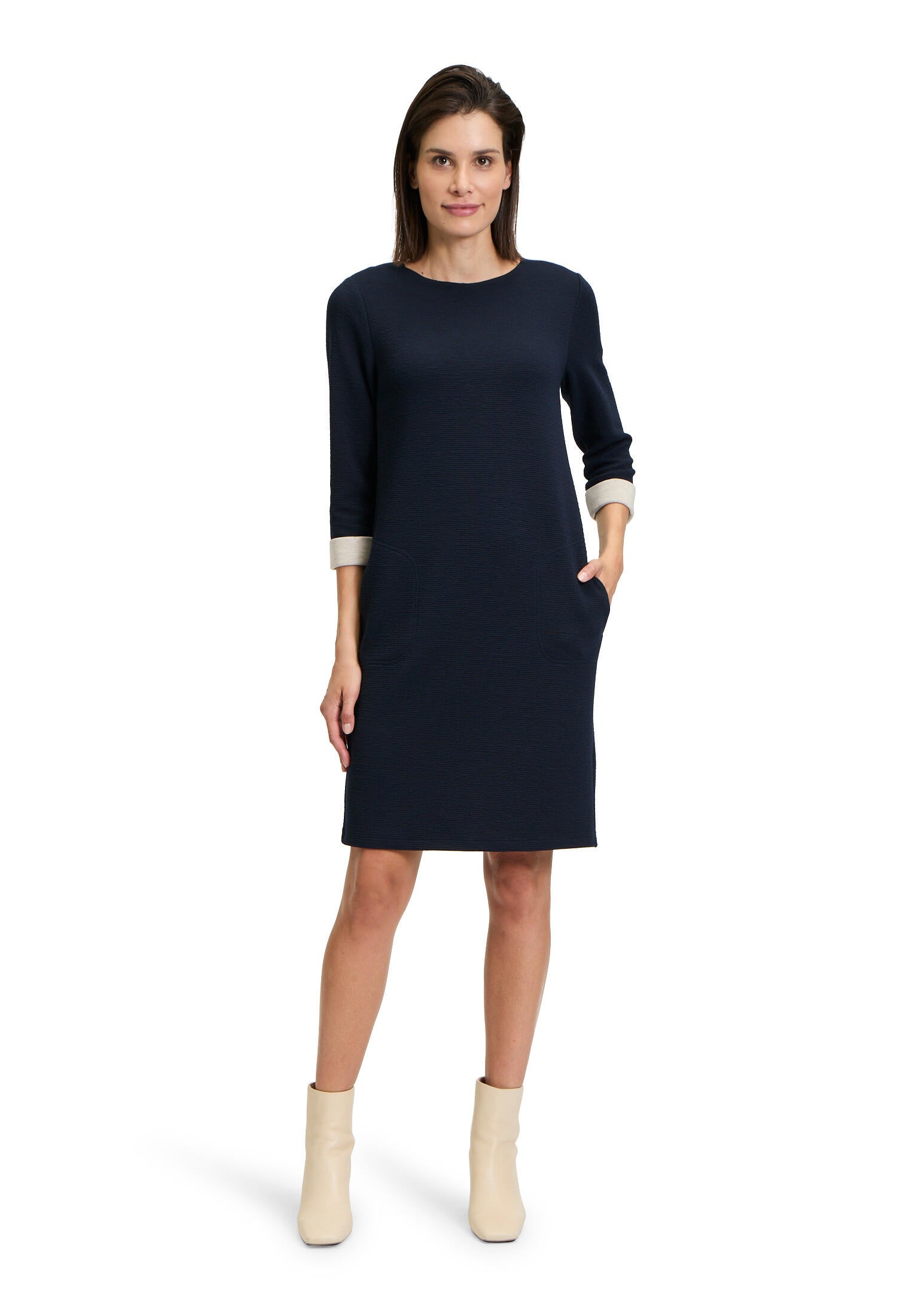 Mini Jerseykleid - 8878-Dark Blue/Beige - Blau