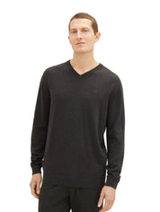 Strickpullover mit V-Ausschnitt - 10617-Black Grey Melange - Schwarz