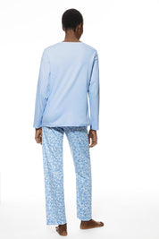 Langer Schlafanzug aus Baumwolle - 1116-blue silk - Blau