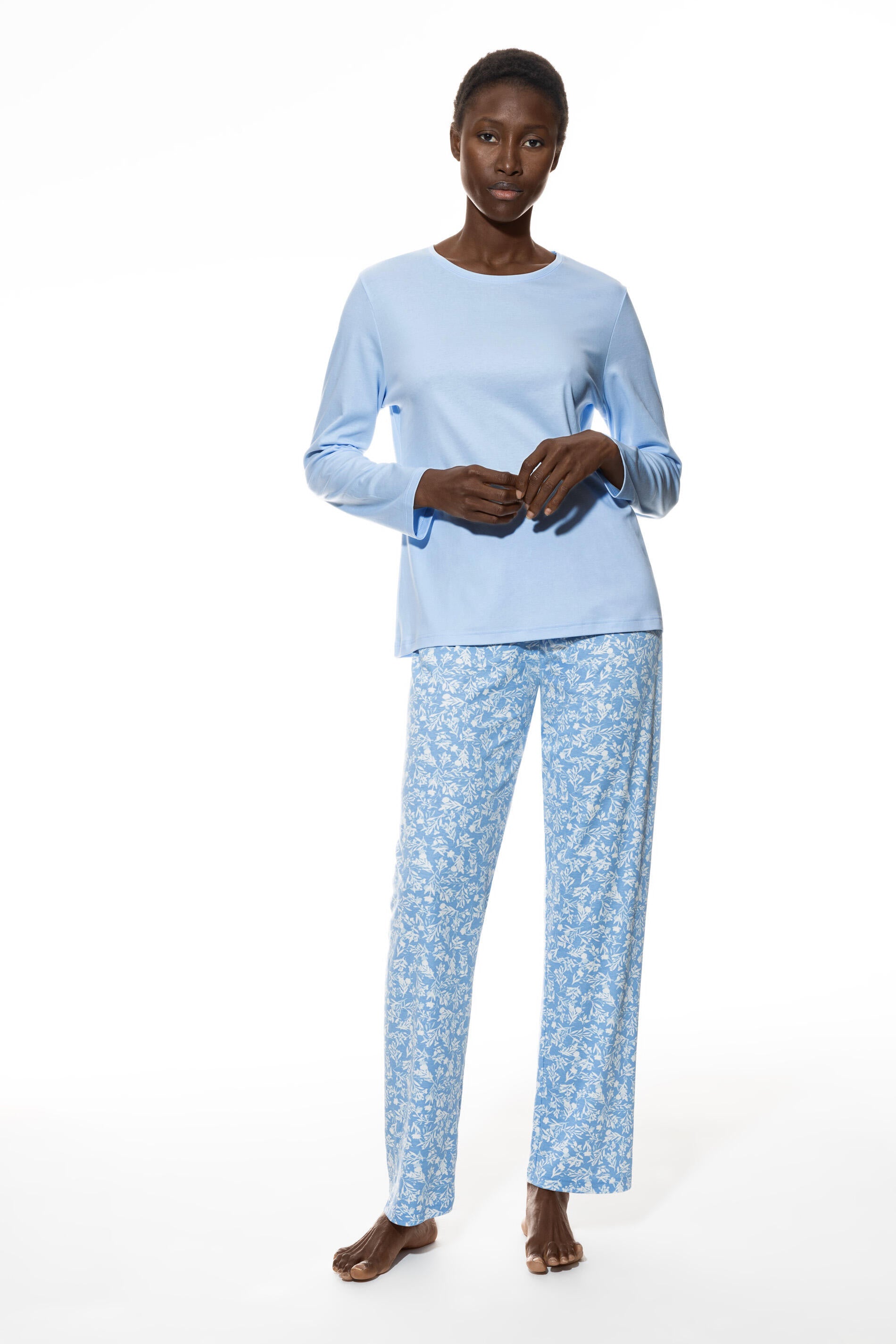 Langer Schlafanzug aus Baumwolle - 1116-blue silk - Blau