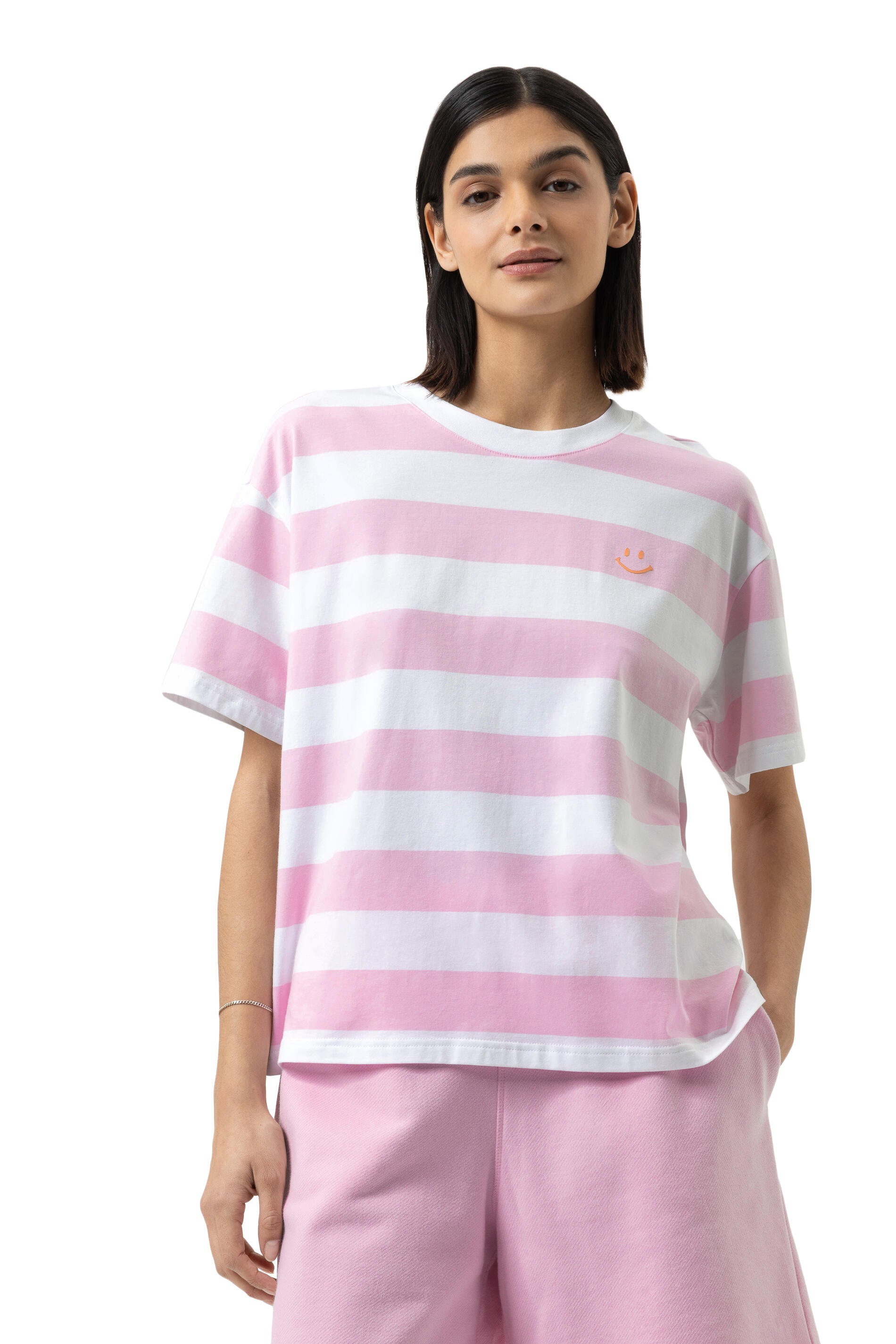 T-Shirt aus Baumwolle - 1718-soft pink - Pink | Weiß