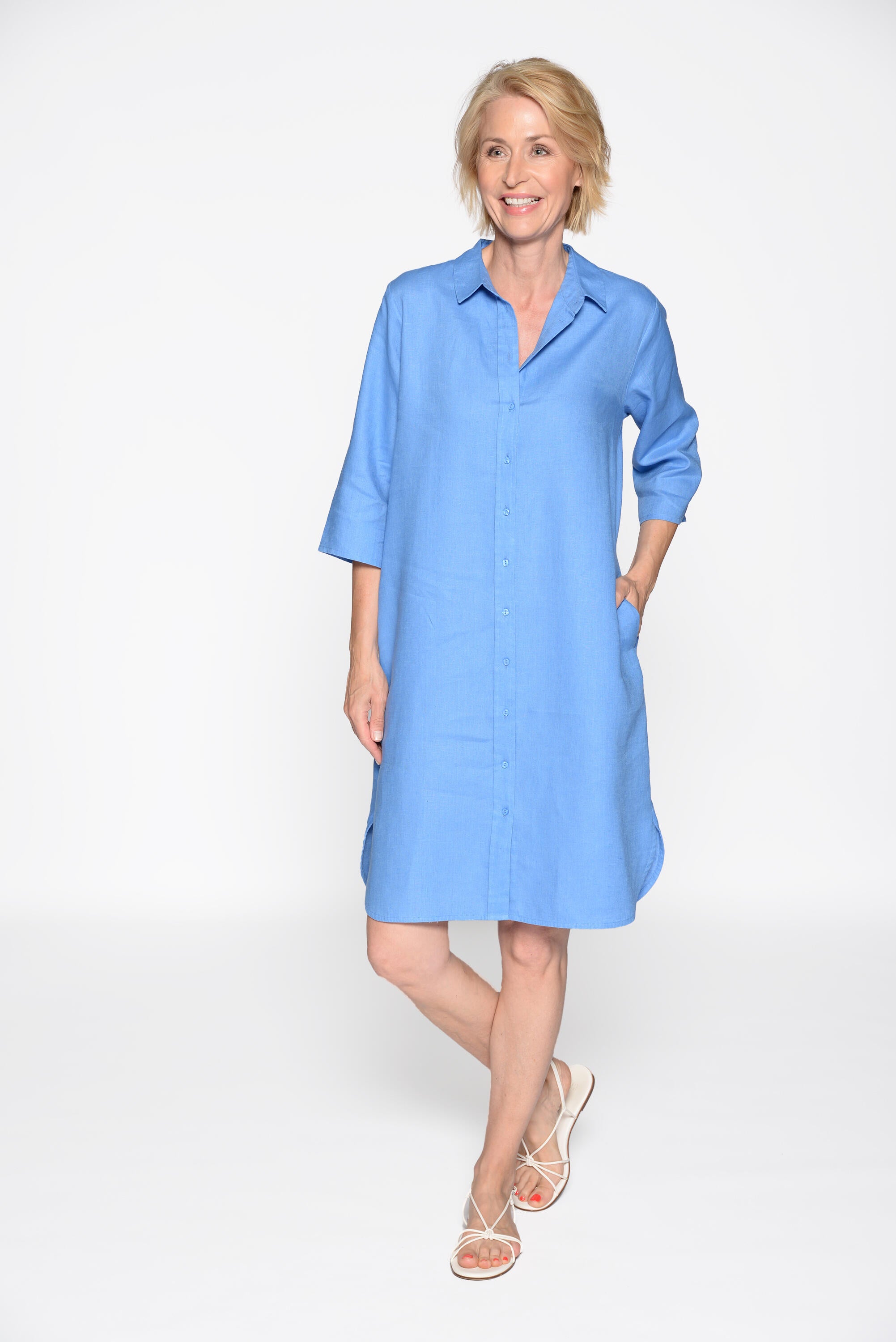 Freizeitkleid Midi aus Leinen - 647 AZUR - Blau