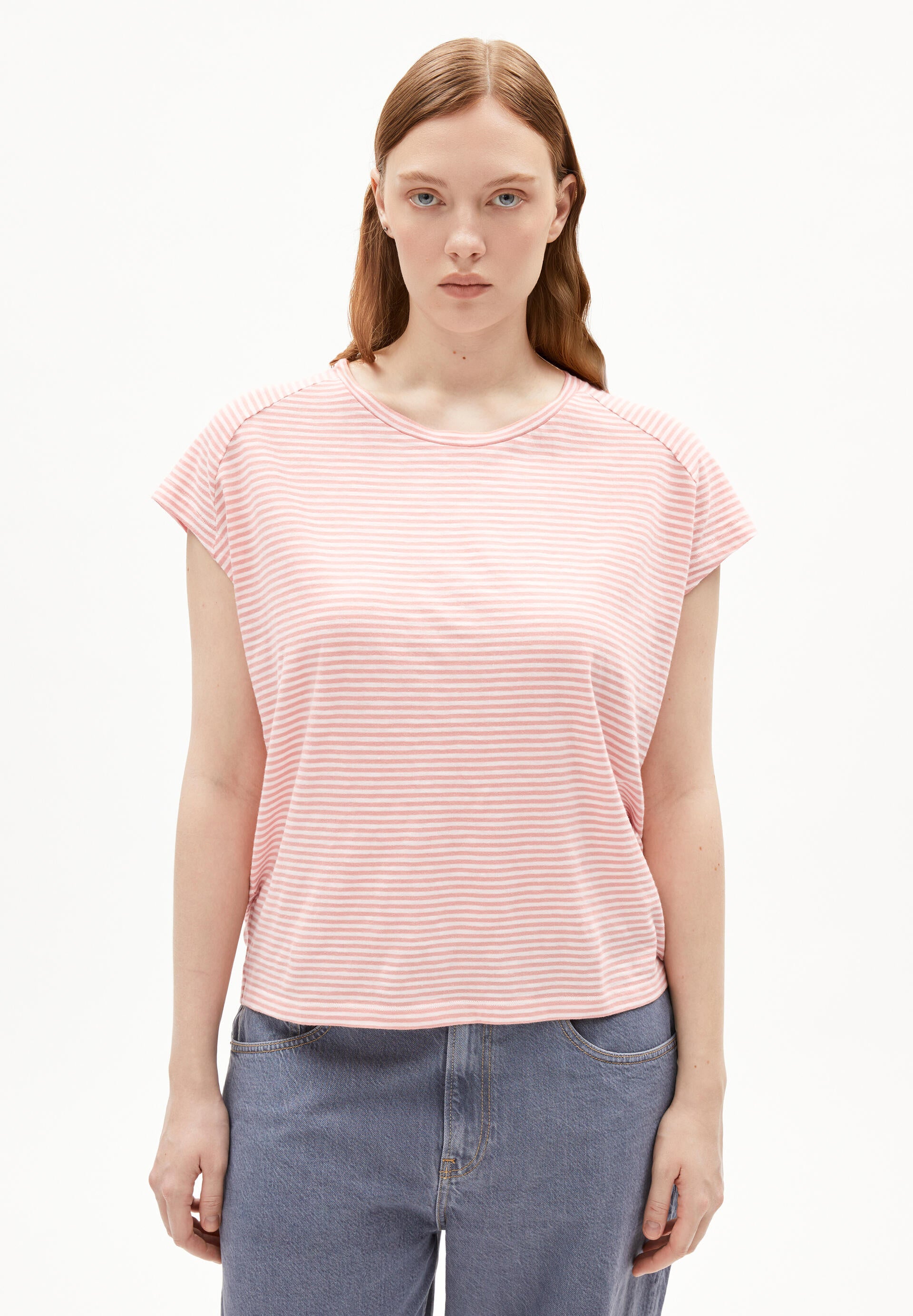 T-Shirt gestreift - 3103-oatmilk-deep rosalilly - Rosa