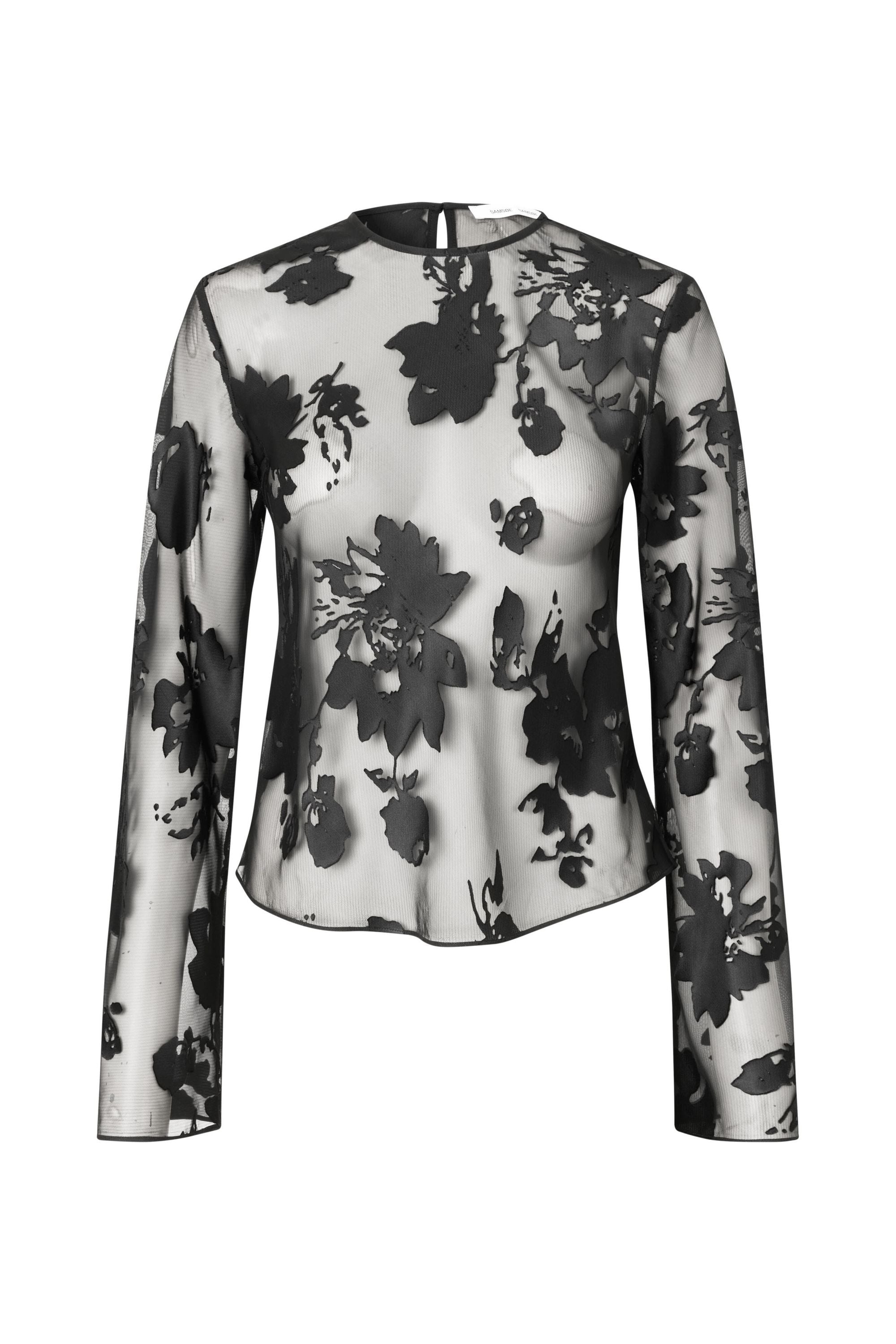 Transparentes Langarmshirt - Black Blooming Burnout - Schwarz