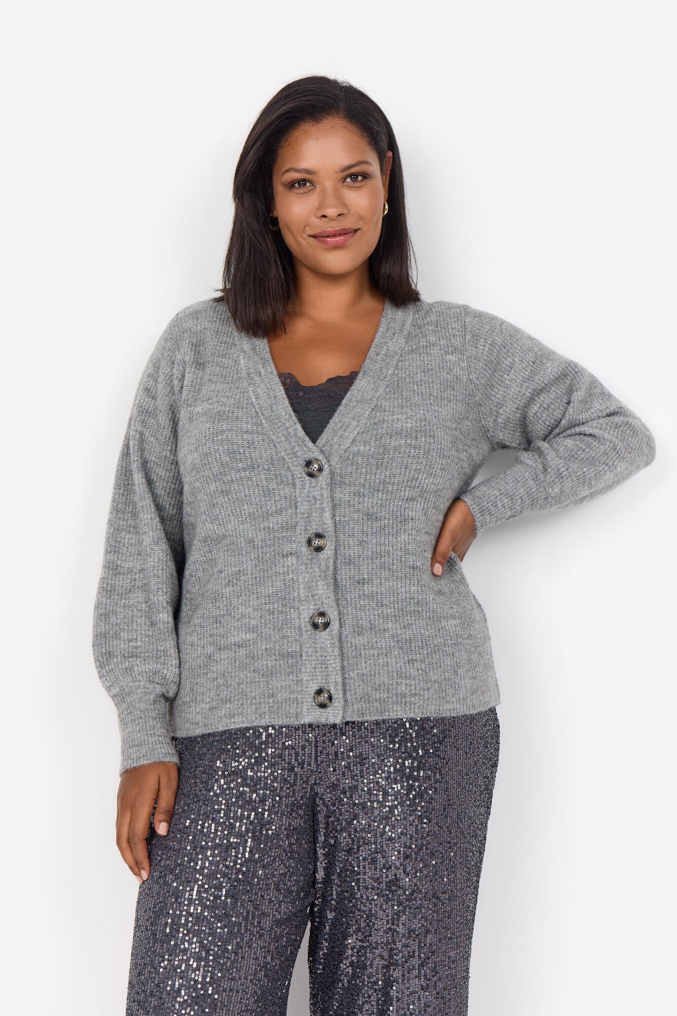 Strickcardigan mit V-Ausschnitt - 99470-MED. GREY MELANGE - Grau