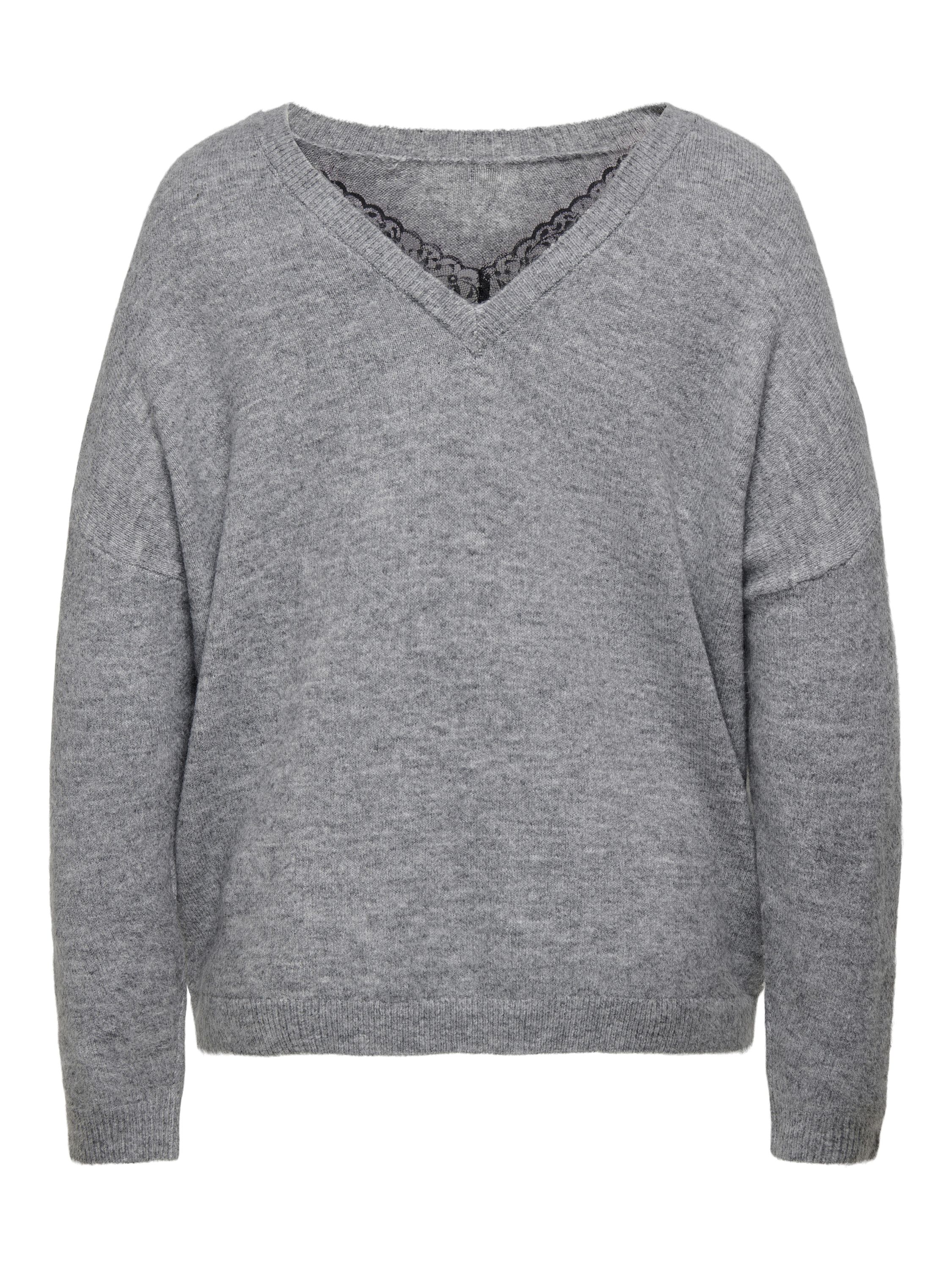 Strickpullover mit V-Ausschnitt - Light Grey Melange/Black Lace - Grau