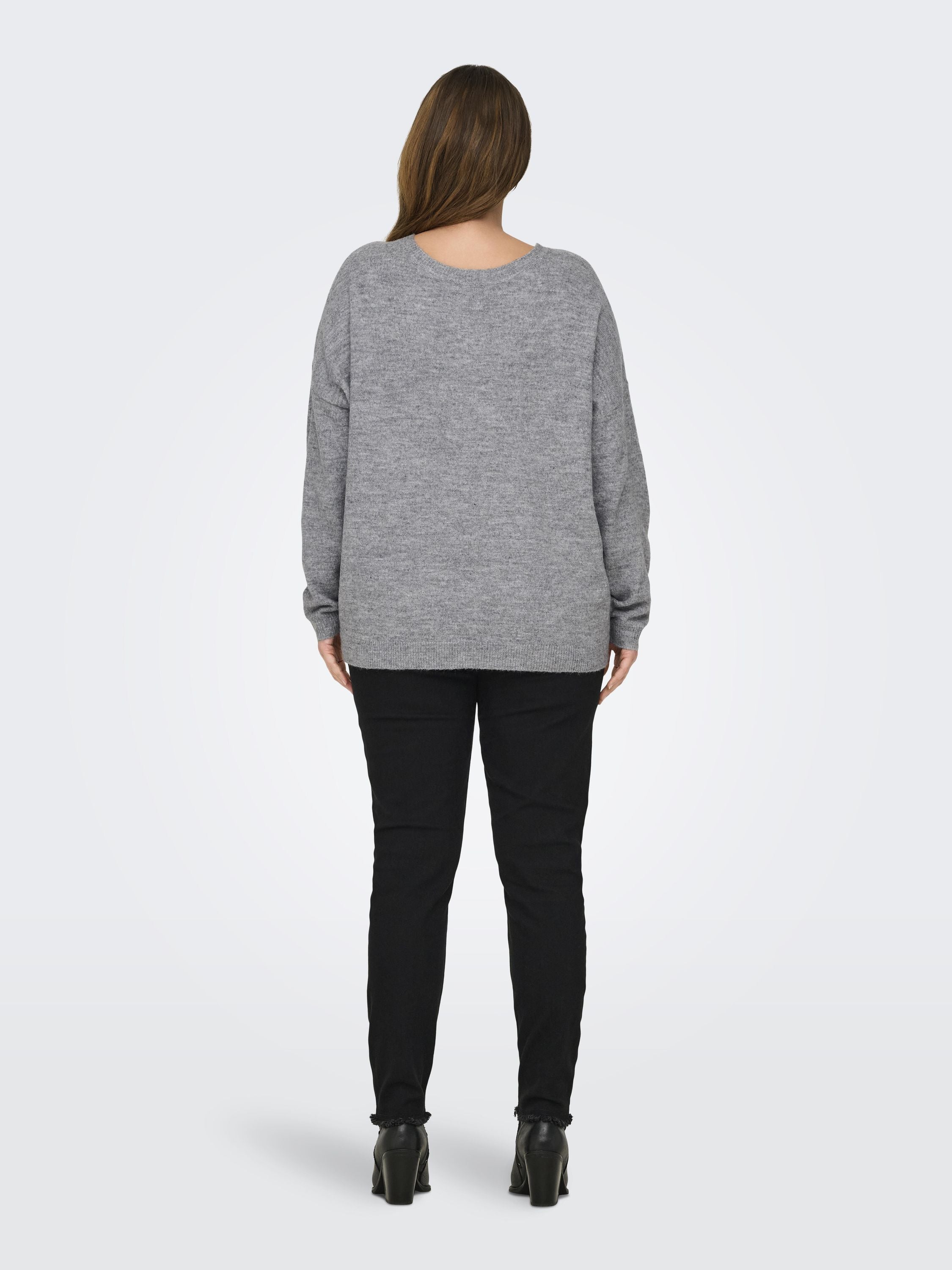 Strickpullover mit V-Ausschnitt - Light Grey Melange/Black Lace - Grau