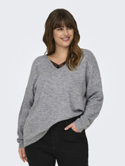 Strickpullover mit V-Ausschnitt - Light Grey Melange/Black Lace - Grau