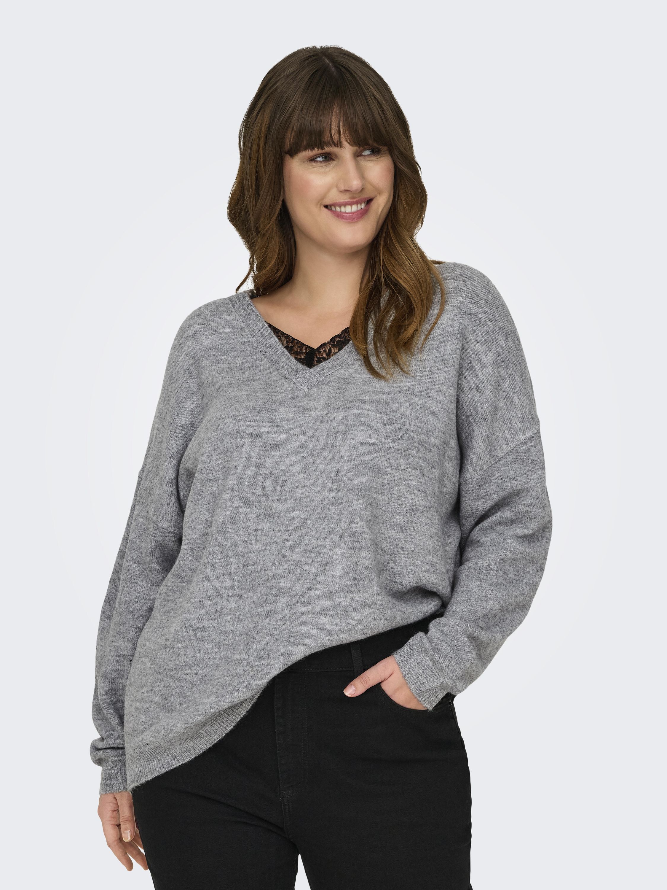 Strickpullover mit V-Ausschnitt - Light Grey Melange/Black Lace - Grau