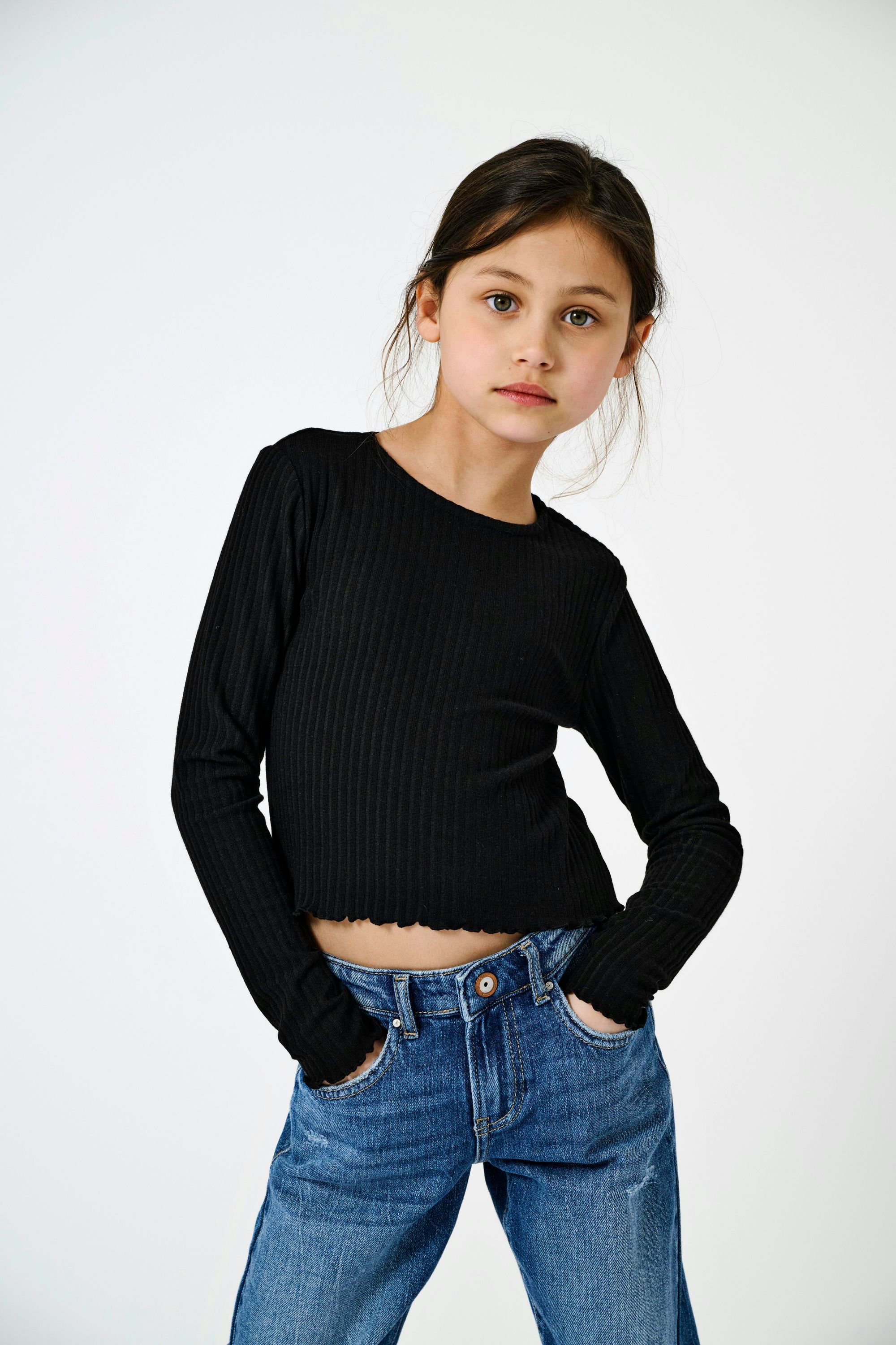 Cropped Langarmshirt - Black - Schwarz