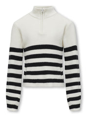 Gestreifter Pullover mit 1/2 Zip - Cloud Dancer/Black - Weiß