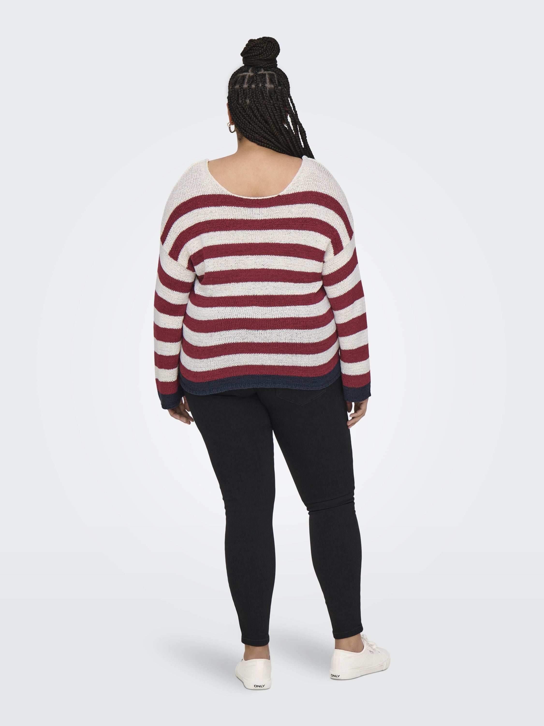 Strickpullover gestreift mit V-Ausschnitt - Karanda Red/Cloud Dancer/Total - Rot