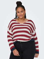 Strickpullover gestreift mit V-Ausschnitt - Karanda Red/Cloud Dancer/Total - Rot