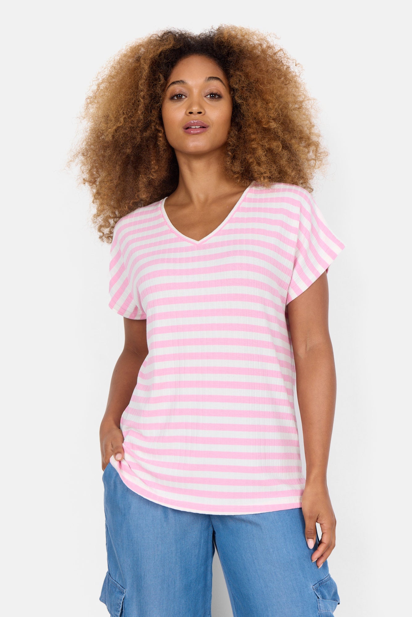 Gestreiftes T-Shirt - 4615C-PINK COMBI - Pink | Weiß