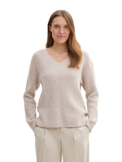 Strickpullover mit V-Ausschnitt - 25955-dusty beige melange - Beige