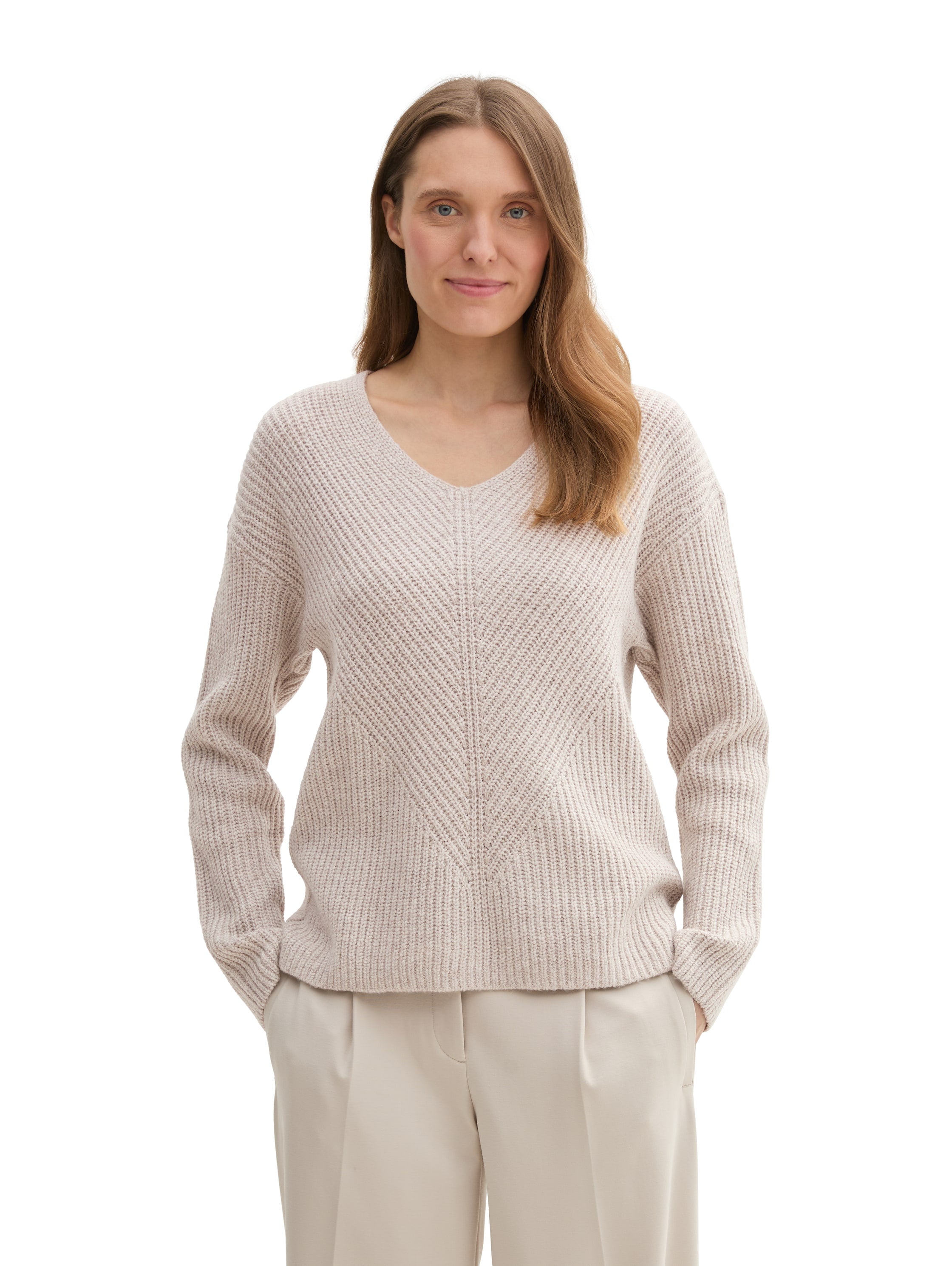 Strickpullover mit V-Ausschnitt - 25955-dusty beige melange - Beige