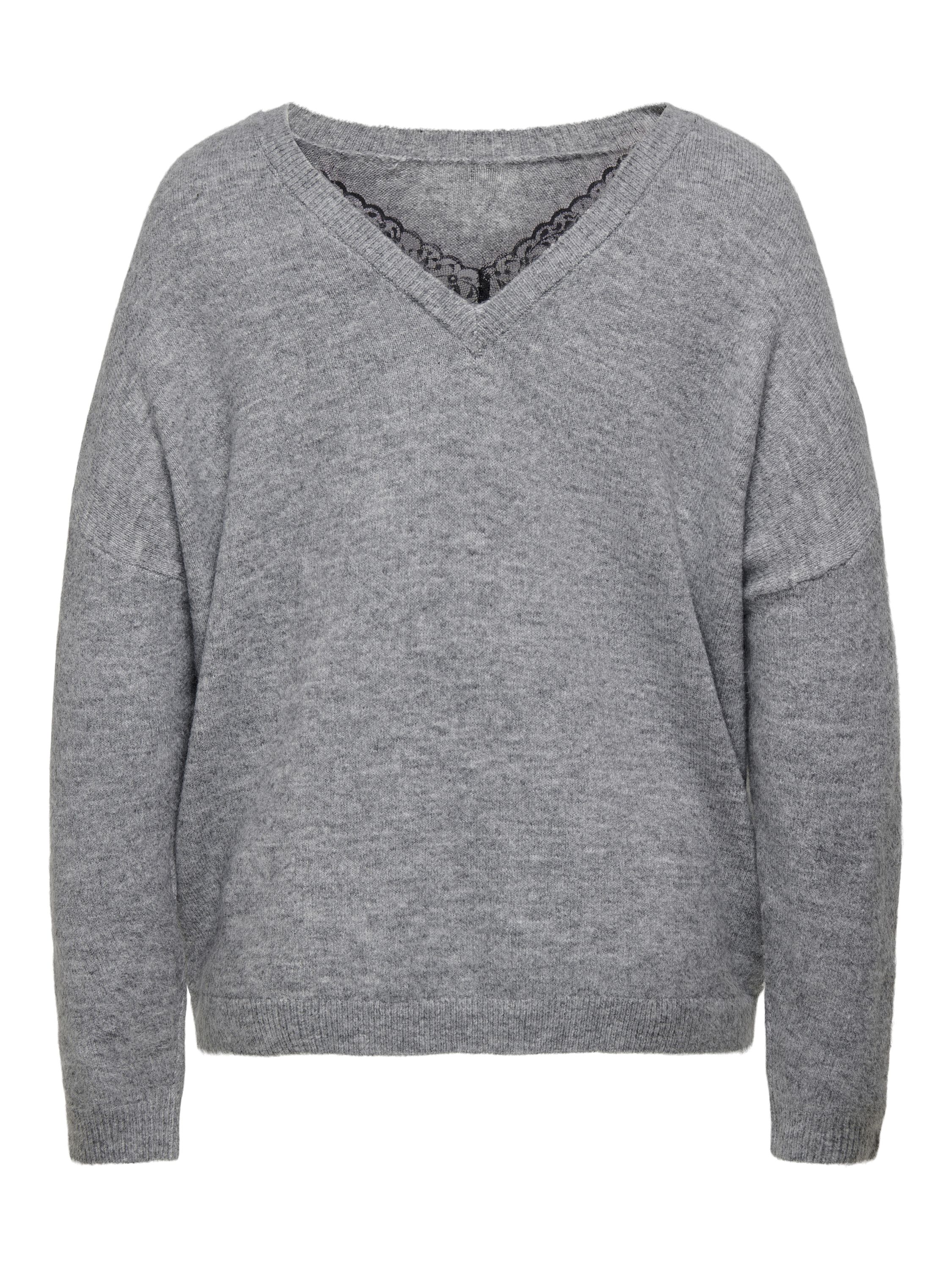 Strickpullover mit V-Ausschnitt - Light Grey Melange/Black Lace - Grau