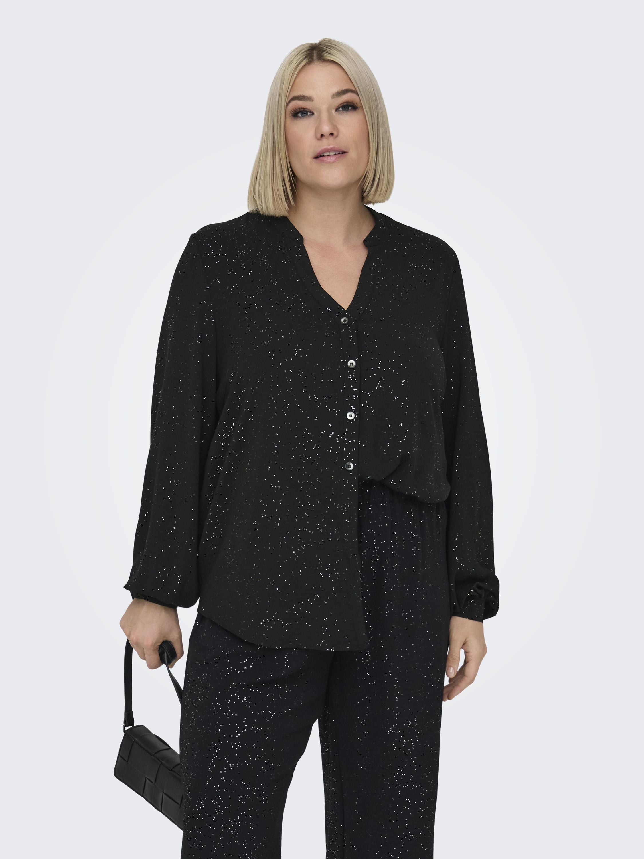 Bluse mit V-Ausschnitt - Black/SILVER FOIL DETAILS - Schwarz