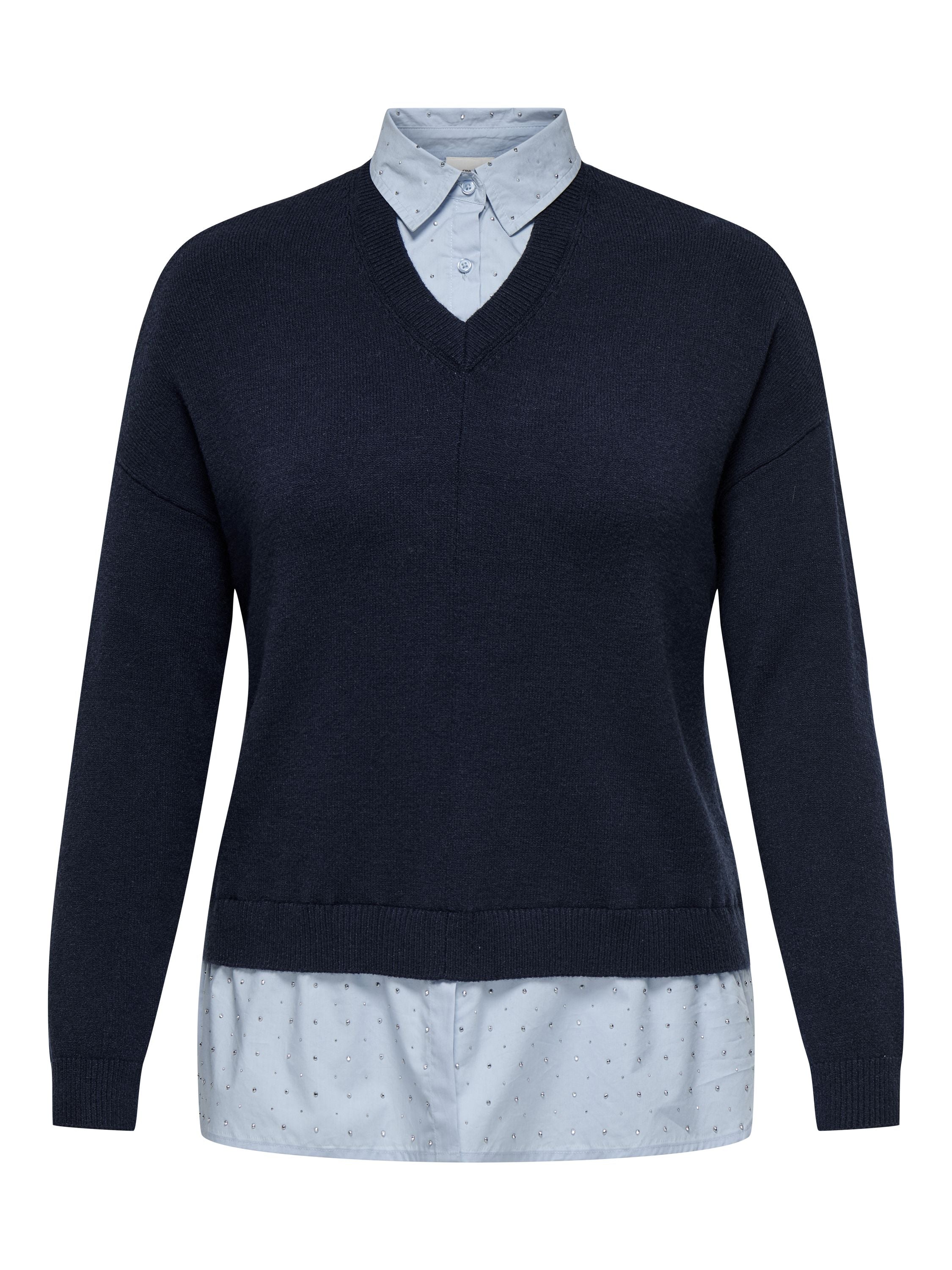 Strickpullover DAGMAR mit Blusendetails - Night Sky/Kentucky Blue Woven - Blau
