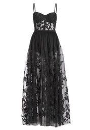 Tüllkleid Maxi mit semitransparentem Rock - 100 - Schwarz