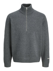 Strickpullover mit Troyerkragen - Dark Grey Melange - Grau