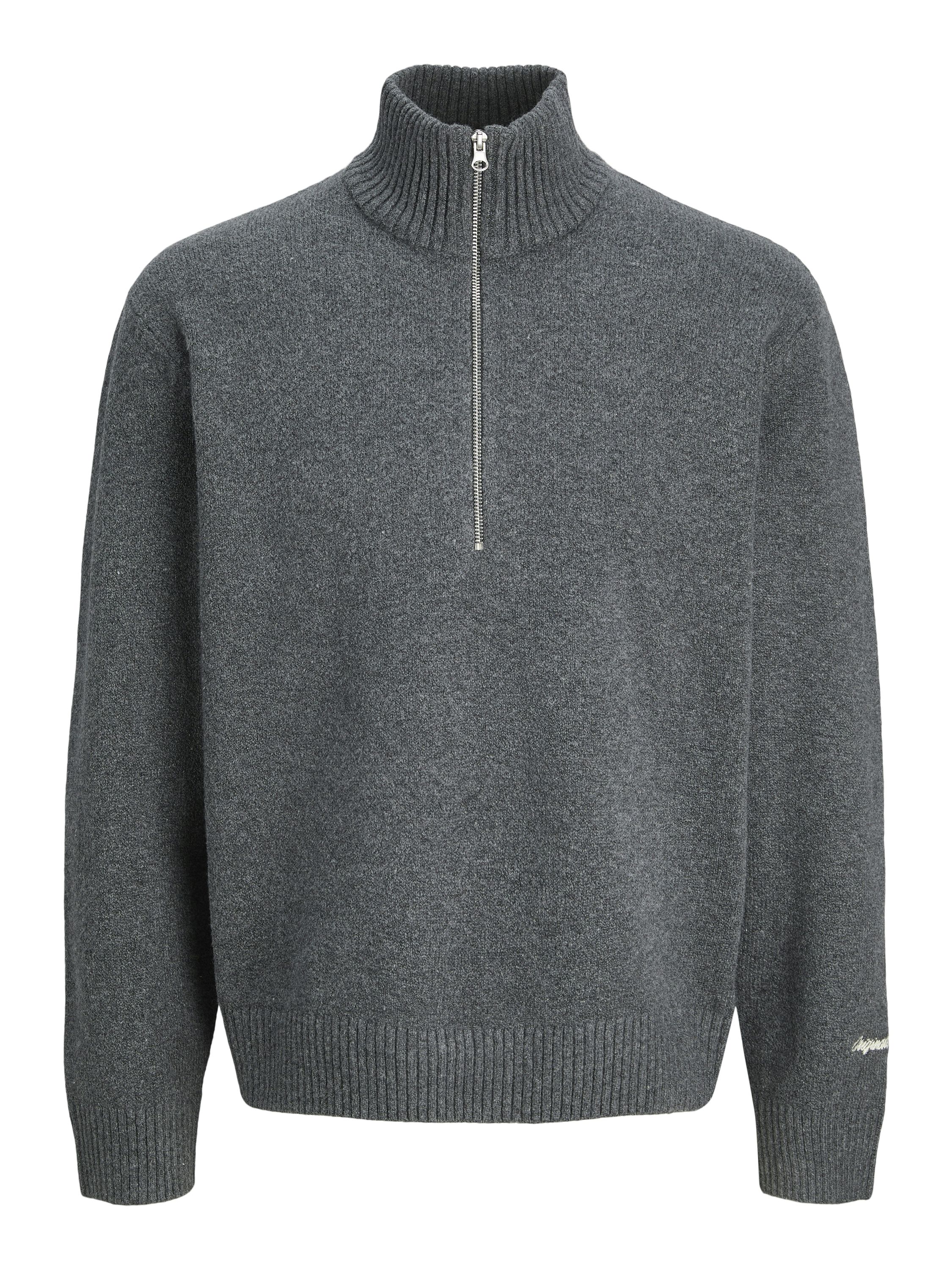 Strickpullover mit Troyerkragen - Dark Grey Melange - Grau