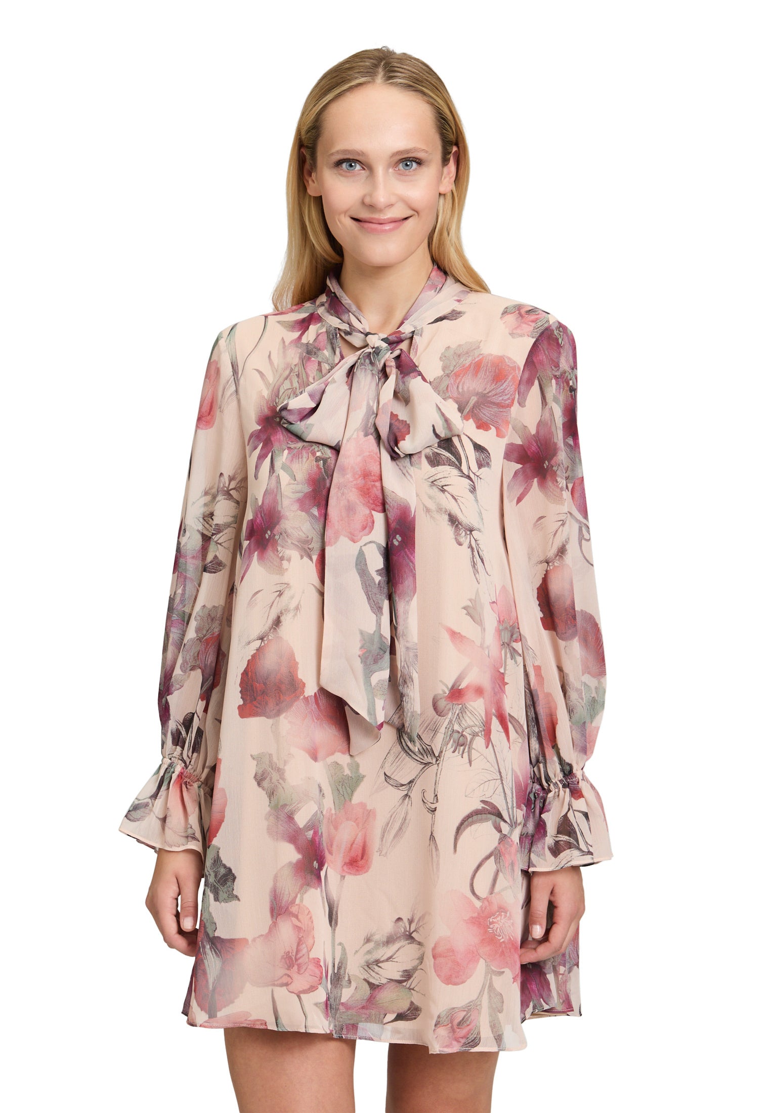 Chiffonkleid Mini floral - 1847-Cream/Dark Red - Beige