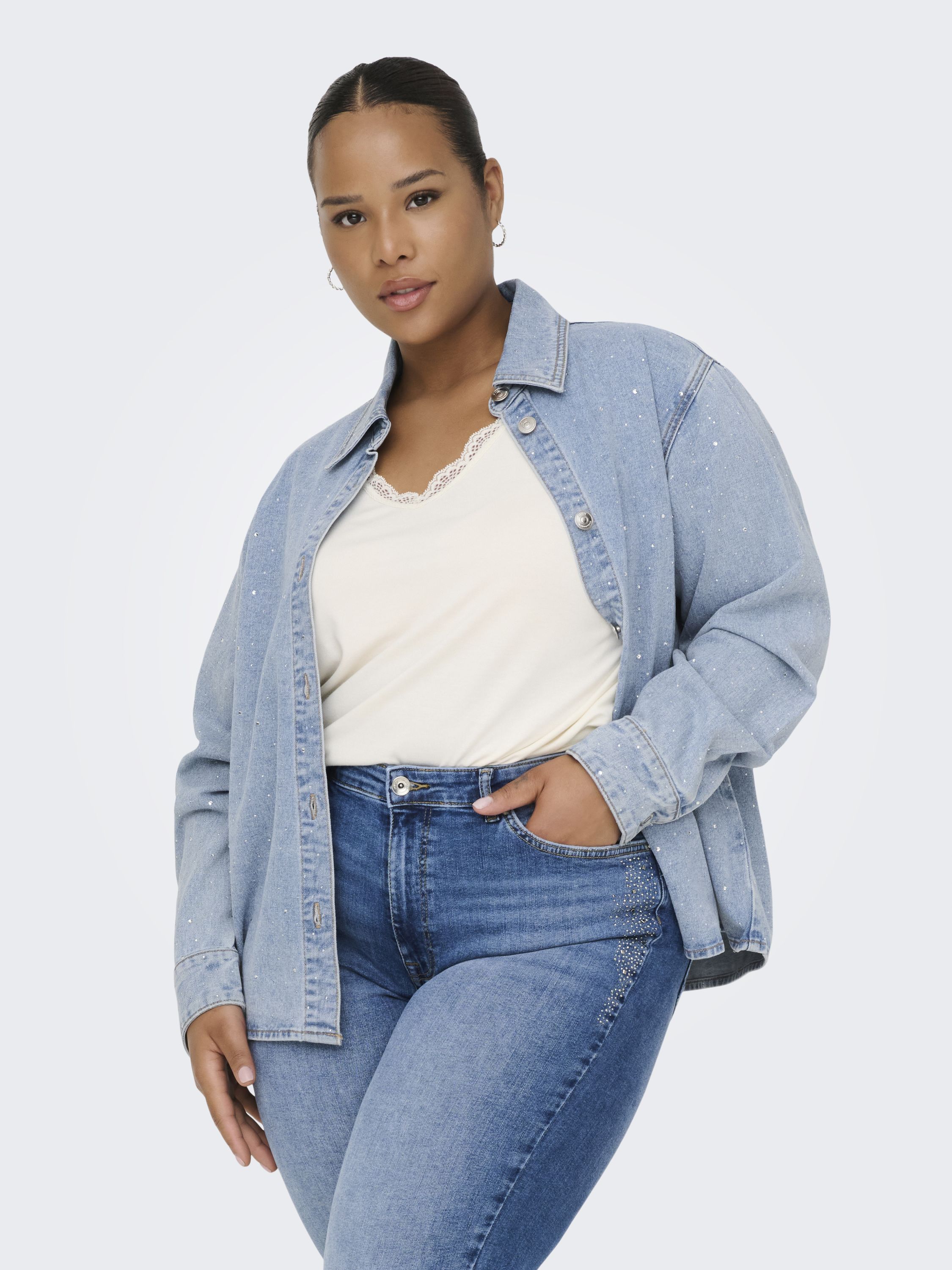 Jeansjacke mit Strasssteinen - Medium Blue Denim/RHINESTONES - Blau