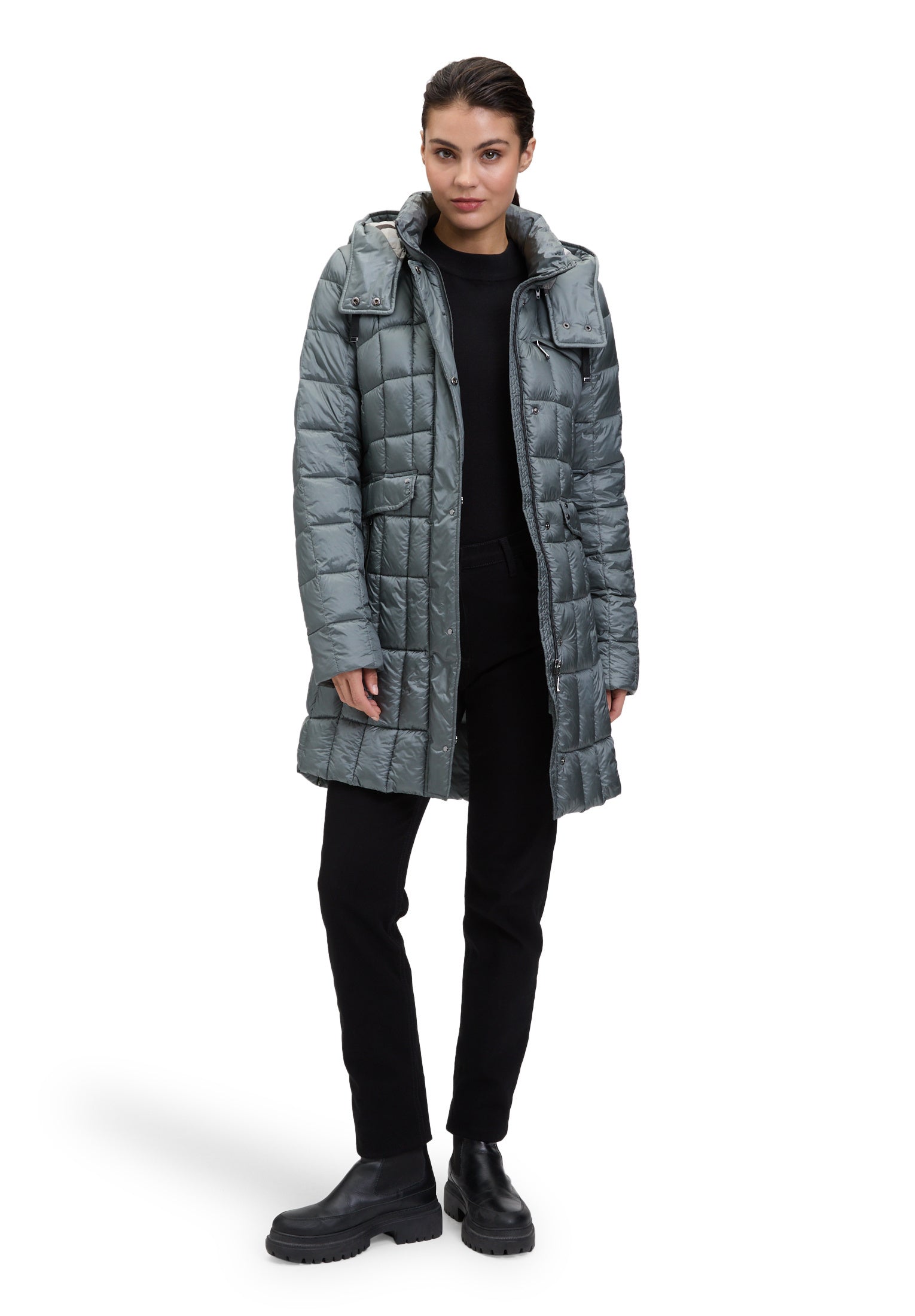 Steppmantel mit abnehmbarer Kapuze - 9190-Dusty Petrol - Grau