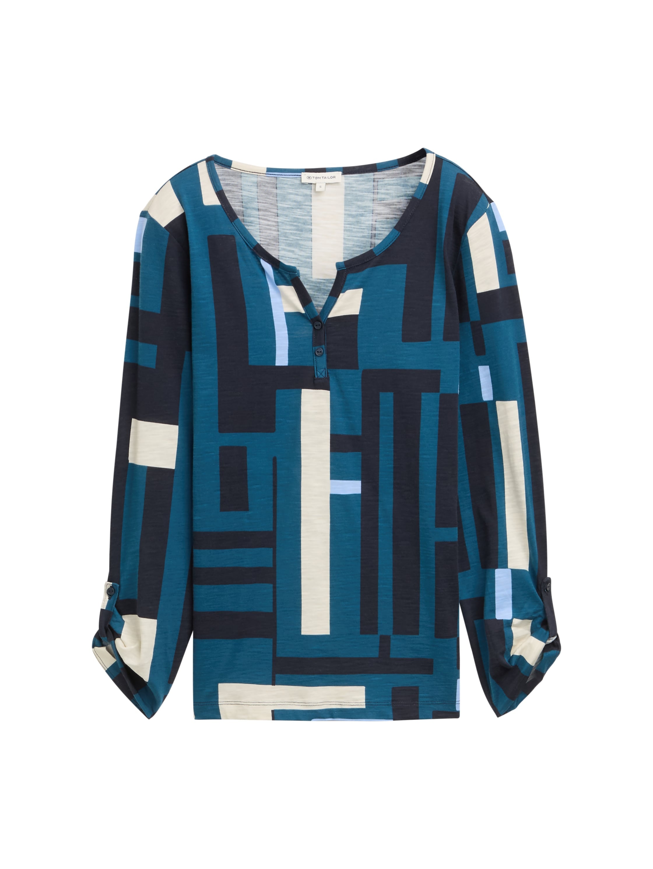Bluse - 38404-teal geometric design - Blau