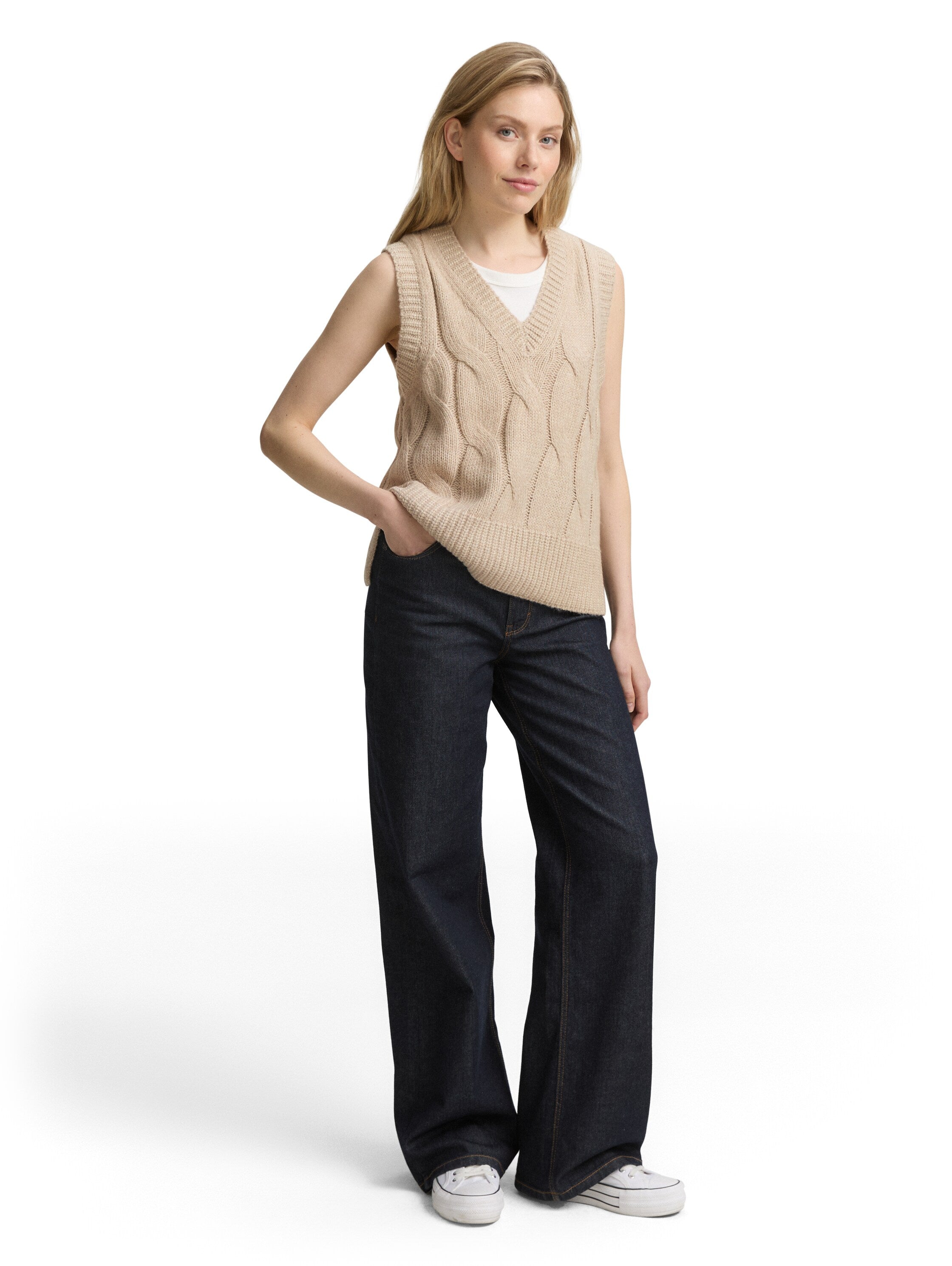 Strick-Pullunder mit Zopfmuster - 38330-soft taupe melange - Beige