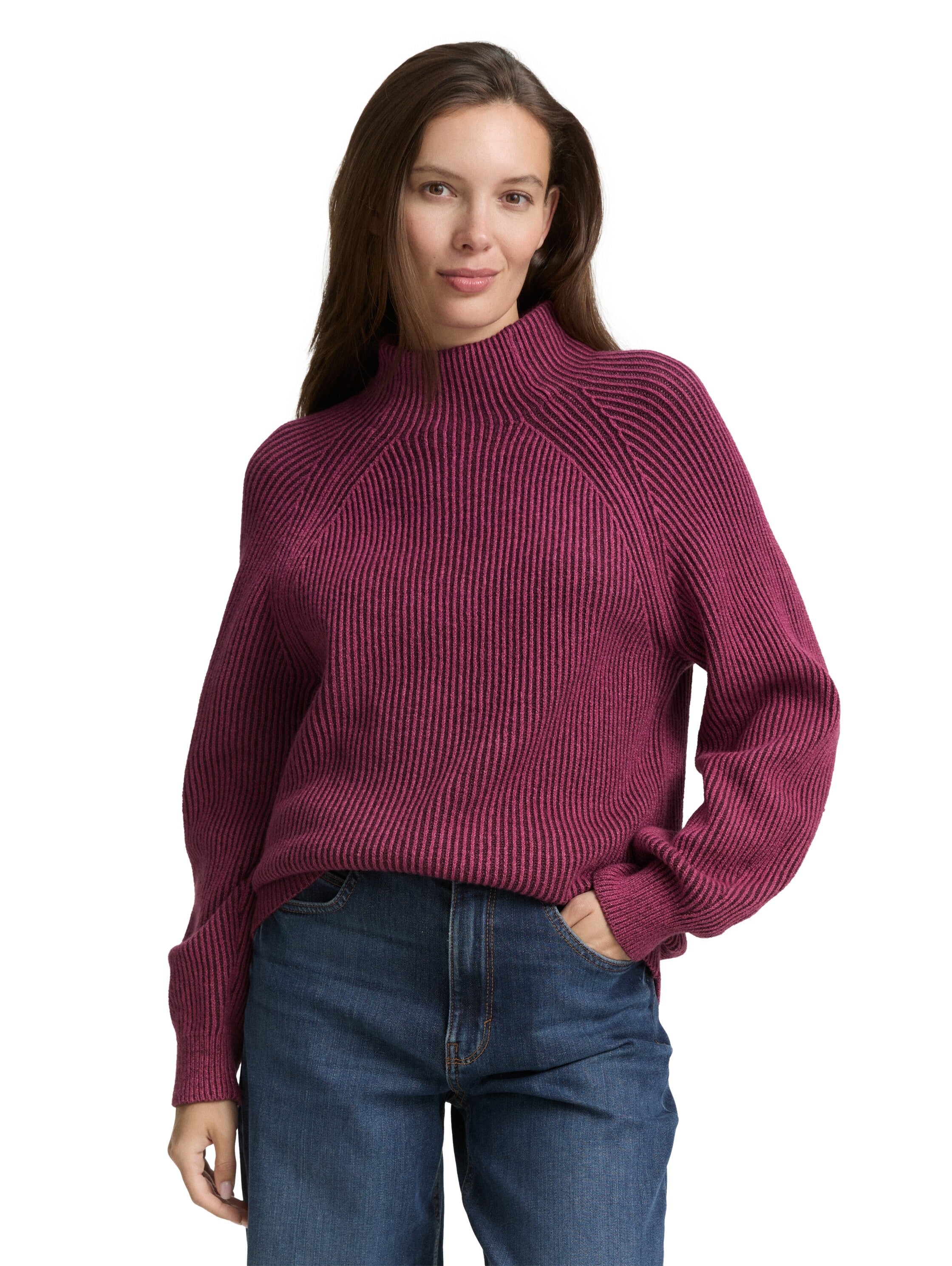 Strickpullover aus Baumwollmix - 38881-red rib structure - Pink