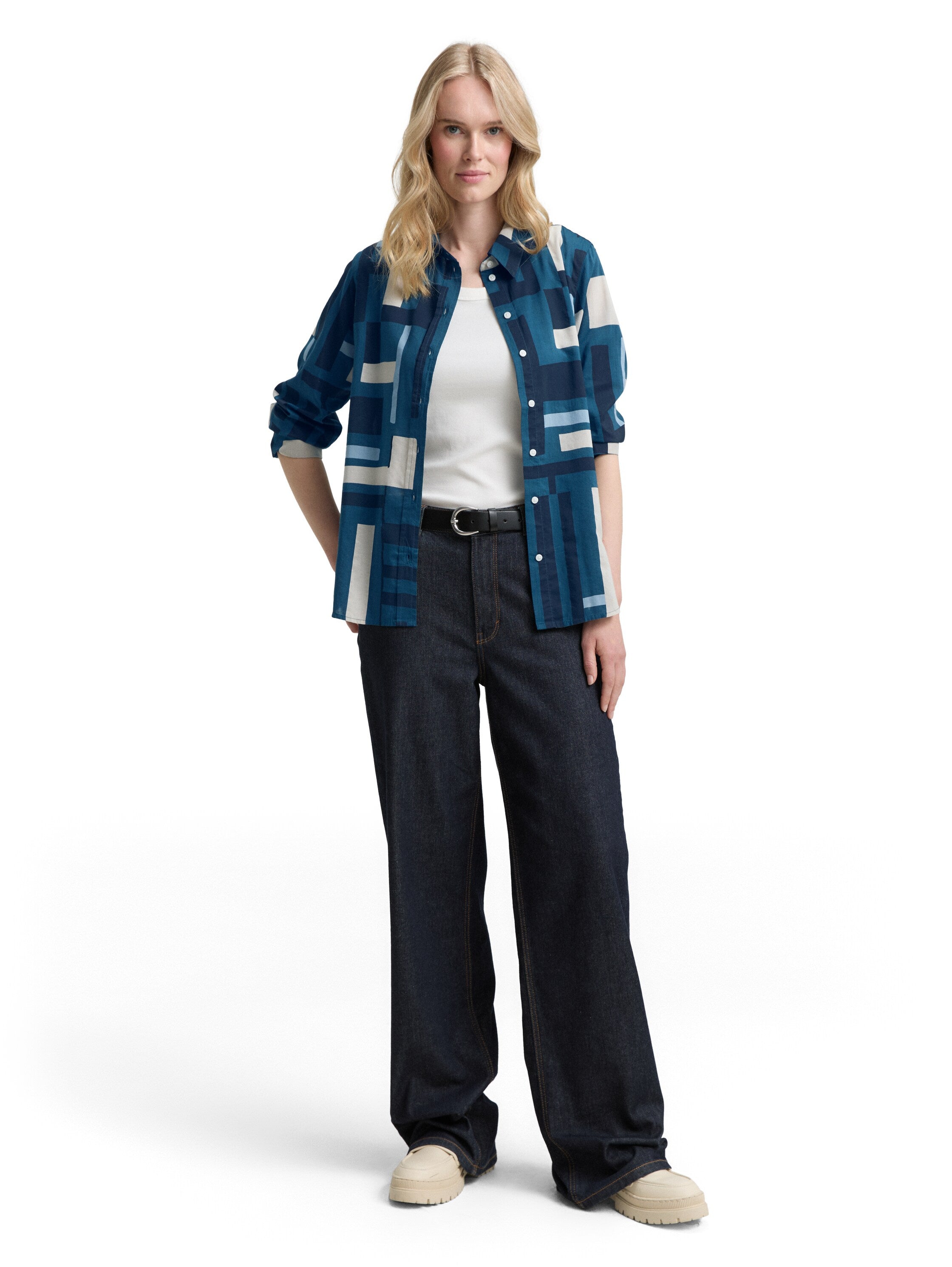 Hemdbluse mit Muster - 38404-teal geometric design - Blau