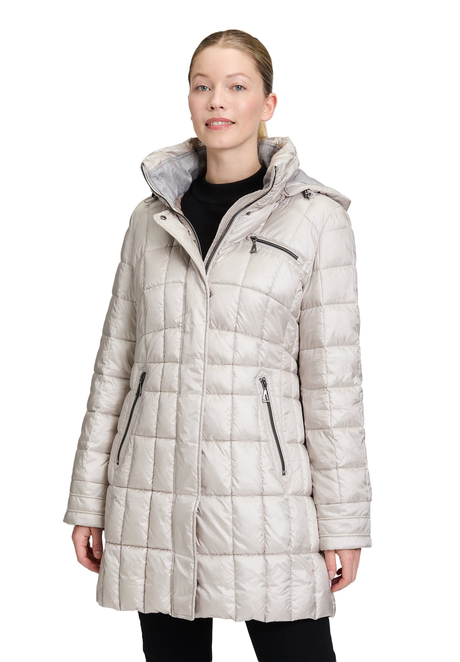 Steppmantel mit abnehmbarer Kapuze - 9106-Light Beige - Grau