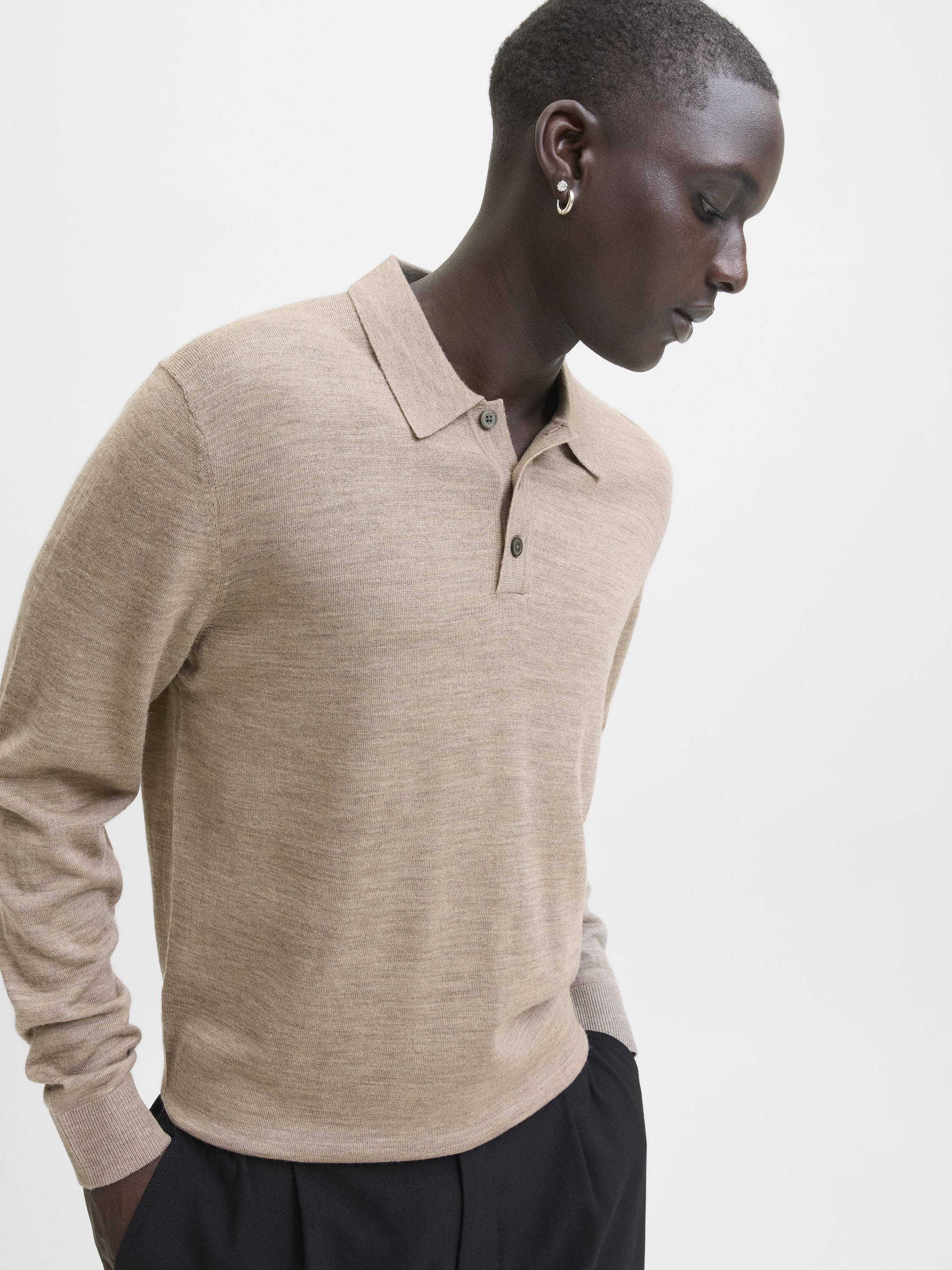Poloshirt aus Merinowolle - Greige/Melange - Beige